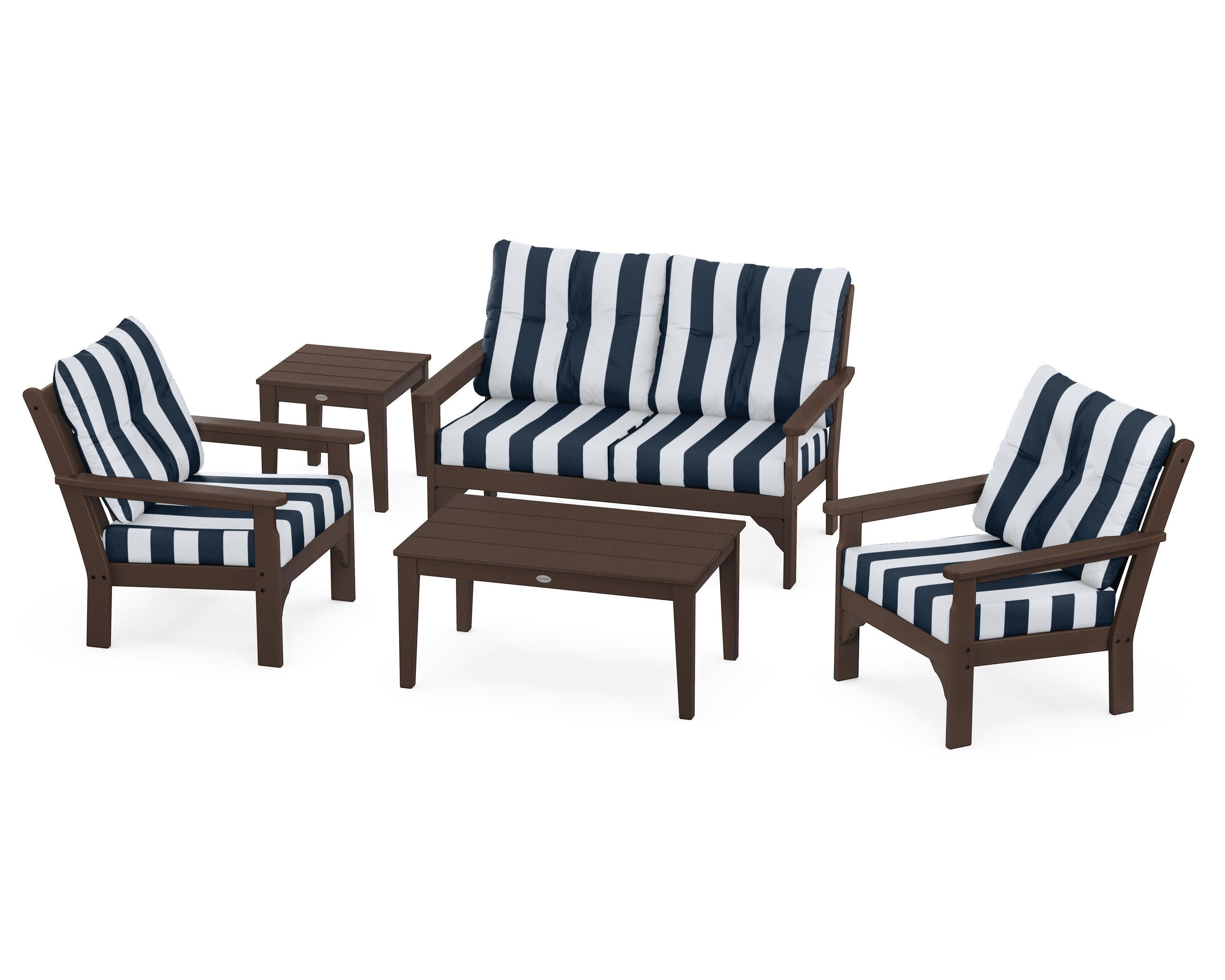 Vineyard 5-Piece Deep Seating Set in Mahogany / Cabana Stripe Marine Indigo
