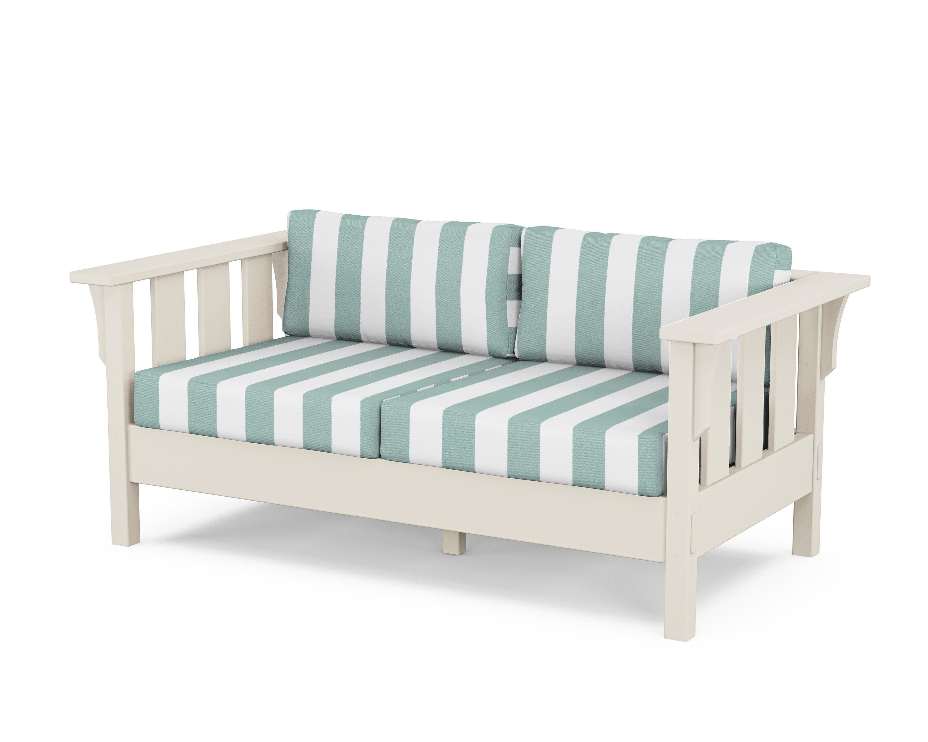 Acadia Deep Seating Loveseat in Sand / Cabana Stripe Glacier Spa