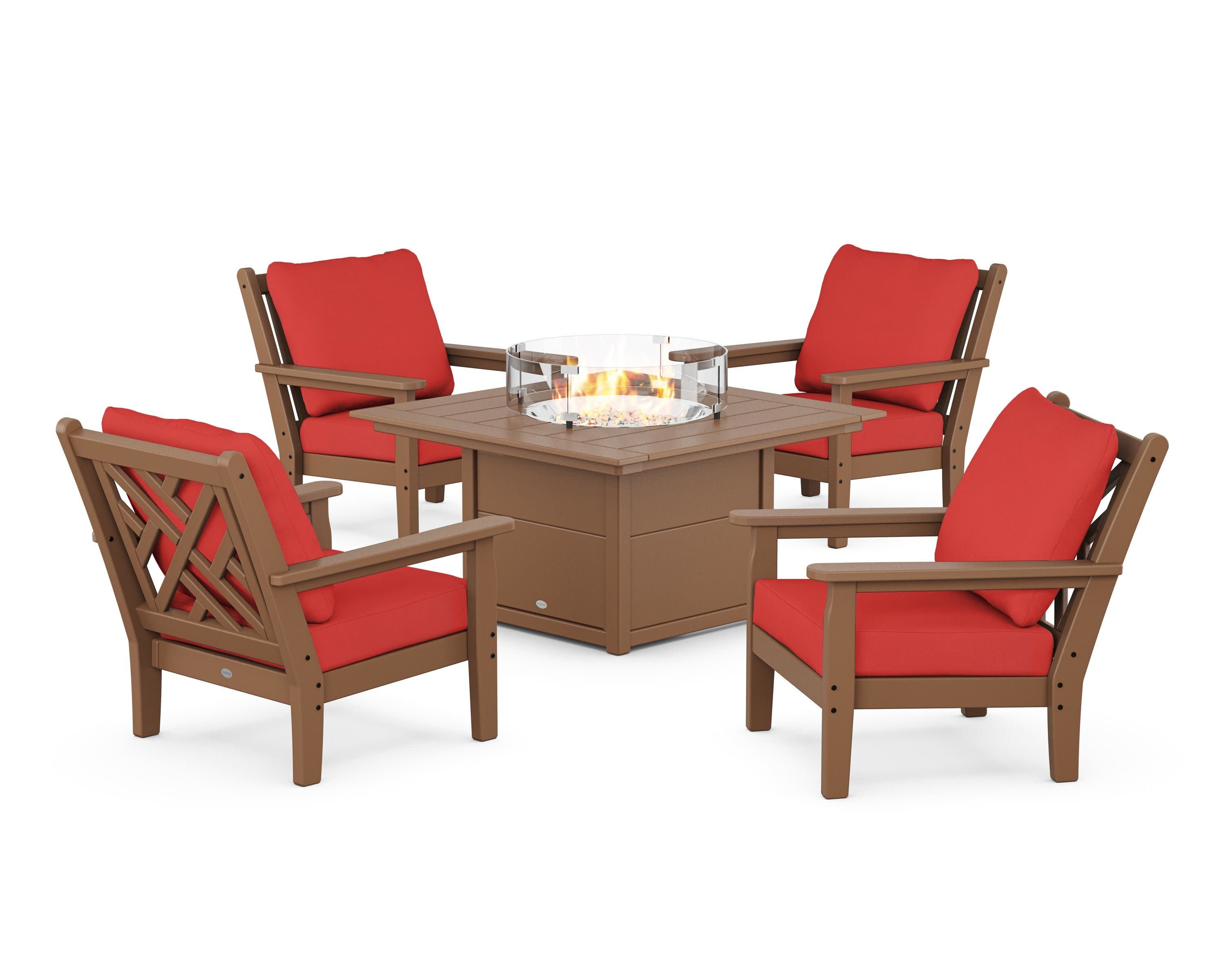 Chippendale 5-Piece Deep Seating Set with Fire Pit Table in Teak / Crimson Linen
