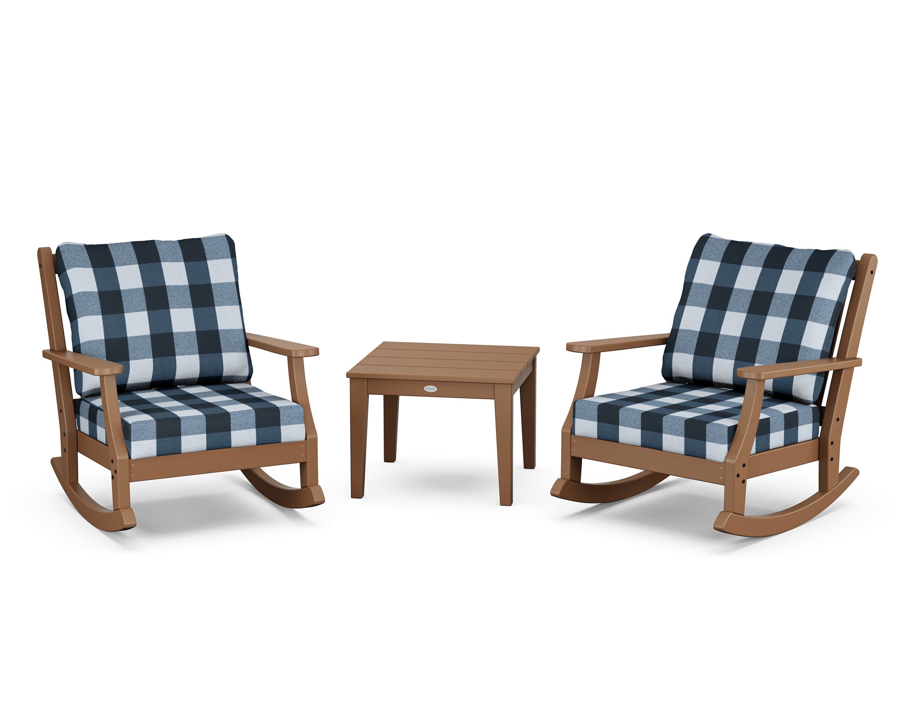 Wovendale 3-Piece Deep Seating Rocker Set in Teak / Buffalo Plaid Marine Indigo