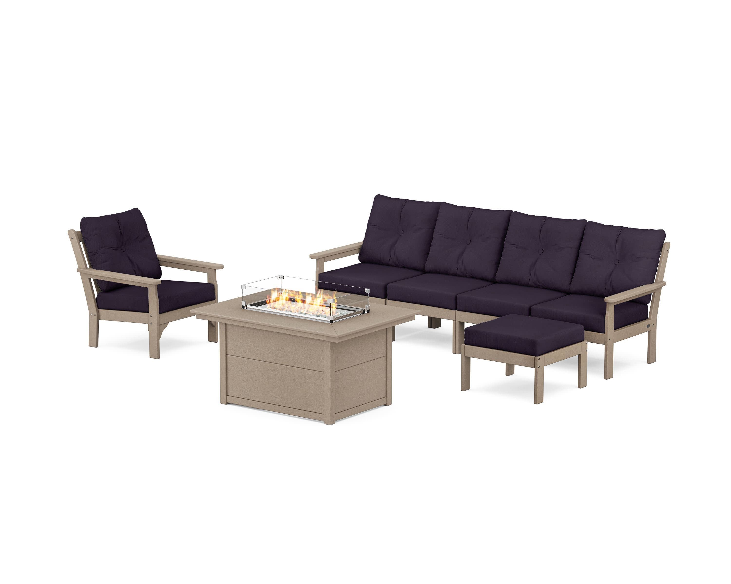 Vineyard Sectional Lounge and Fire Pit Set in Vintage Sahara / Navy Linen