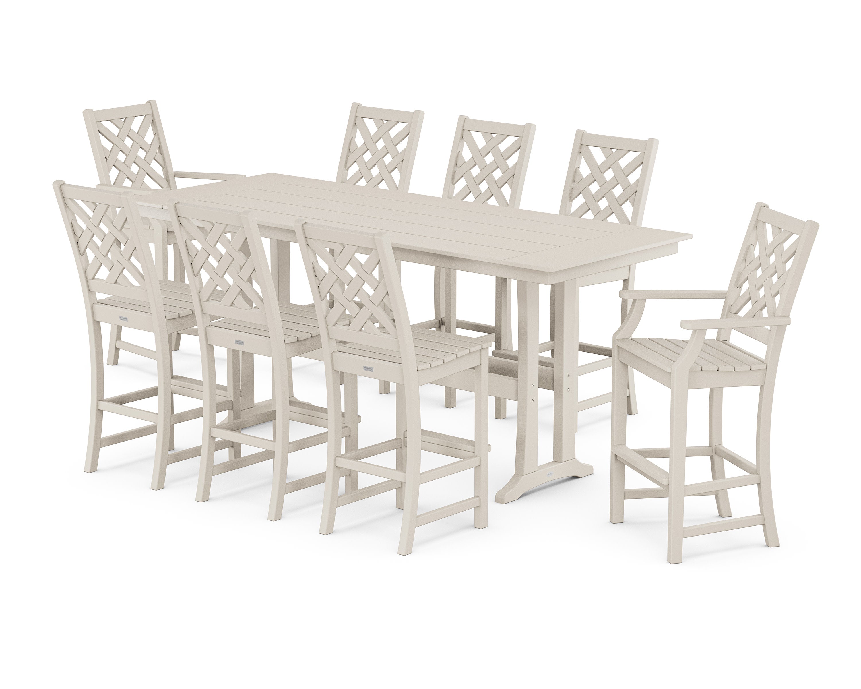 Wovendale 9-Piece Farmhouse Bar Set with Trestle Legs in Sand