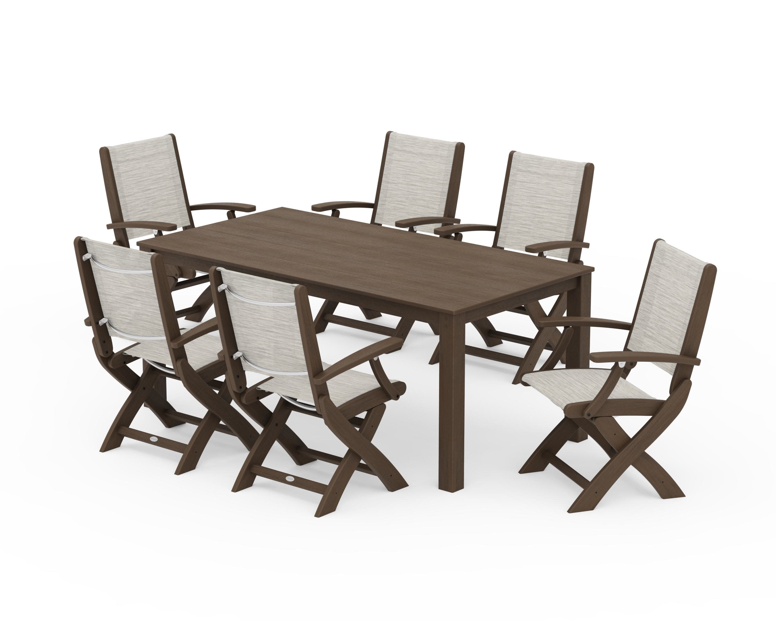 Coastal Folding Chair 7-Piece Parsons Dining Set in Kona / Birch Sling