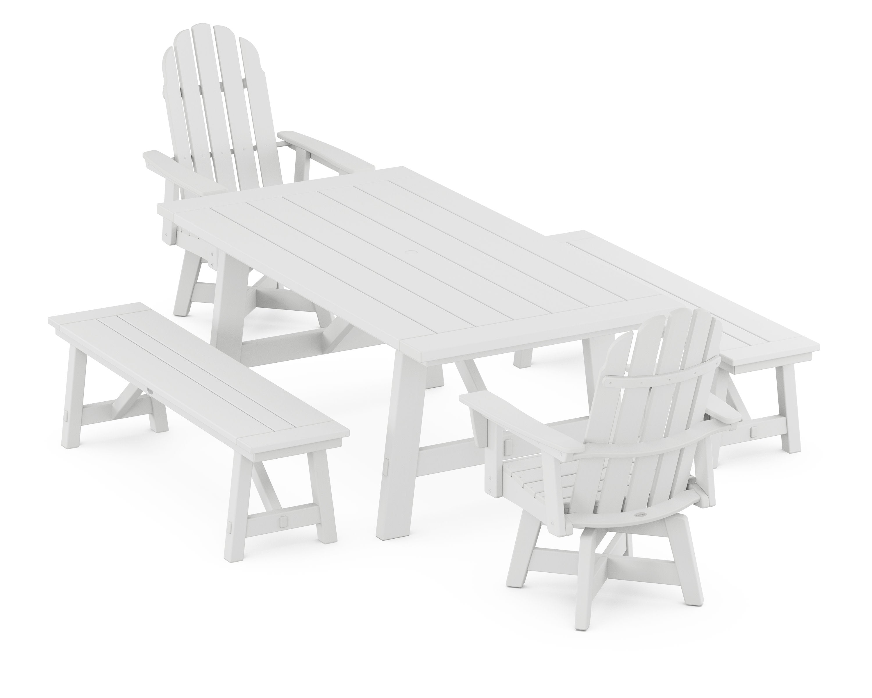 VineyardCurveback Adirondack Swivel Chair 5-Piece Rustic Farmhouse Dining Set With Benches in White