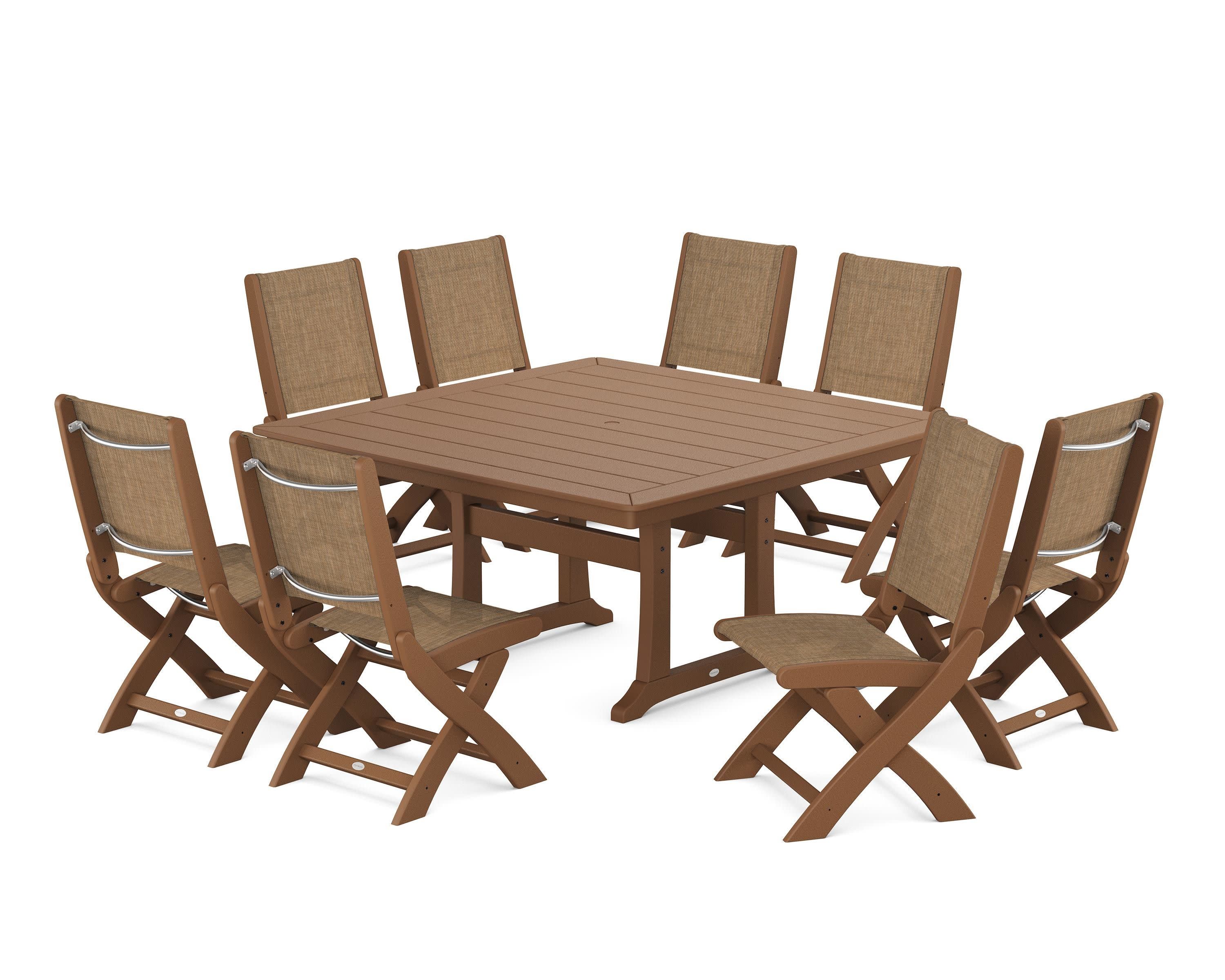 Coastal Folding Side Chair 9-Piece Dining Set with Trestle Legs in Teak / Burlap Sling