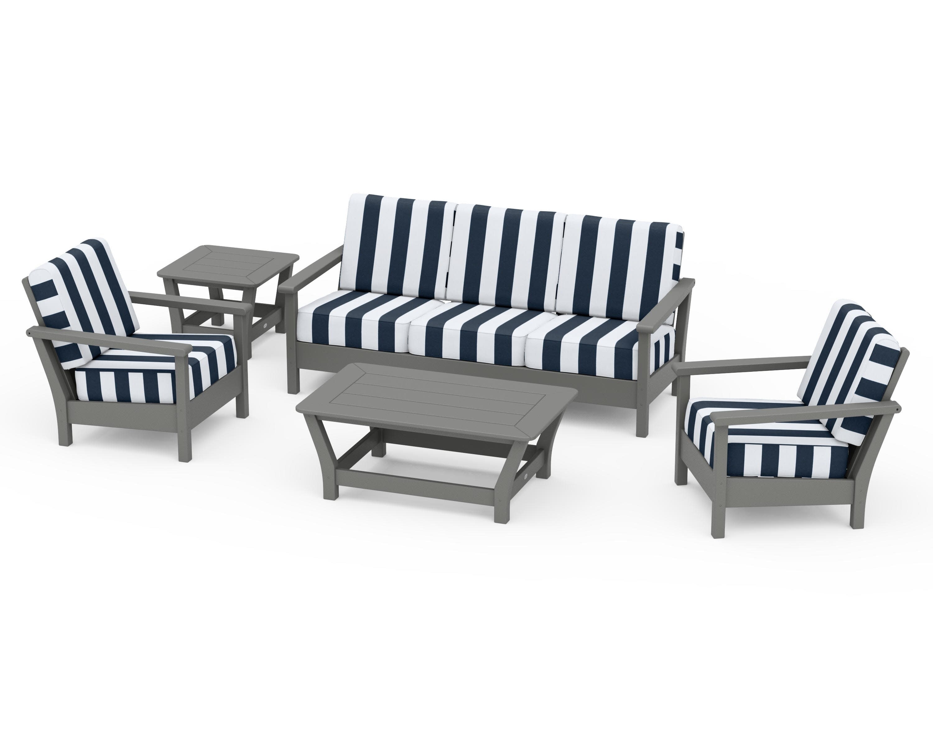 Harbour 5-Piece Deep Seating Set in Slate Grey / Cabana Stripe Marine Indigo