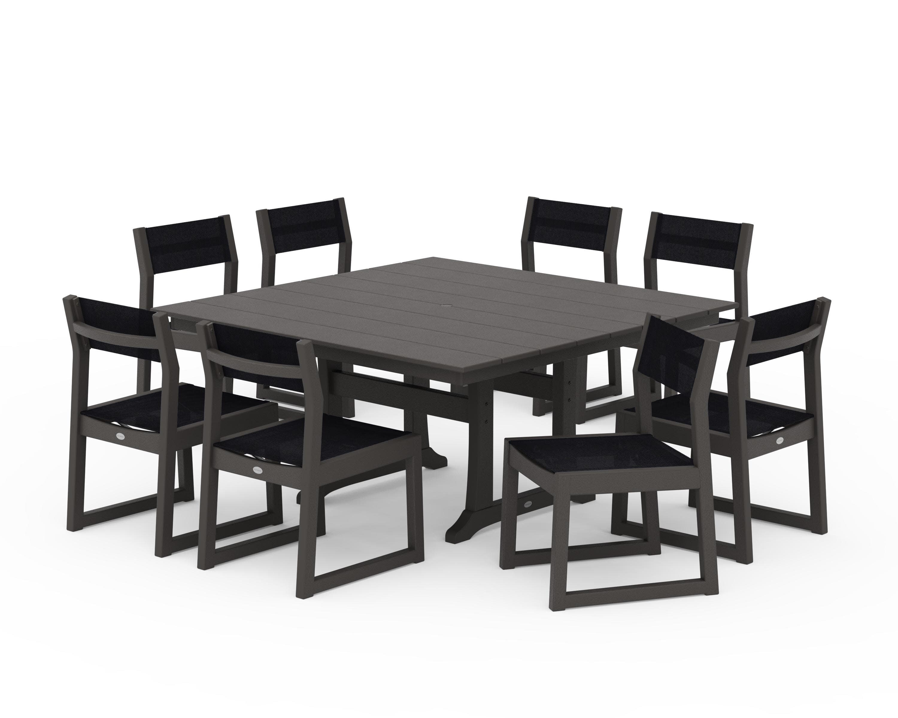 EDGE Sling Side Chair 9-Piece Farmhouse Trestle Dining Set in Vintage Coffee / Black Sling