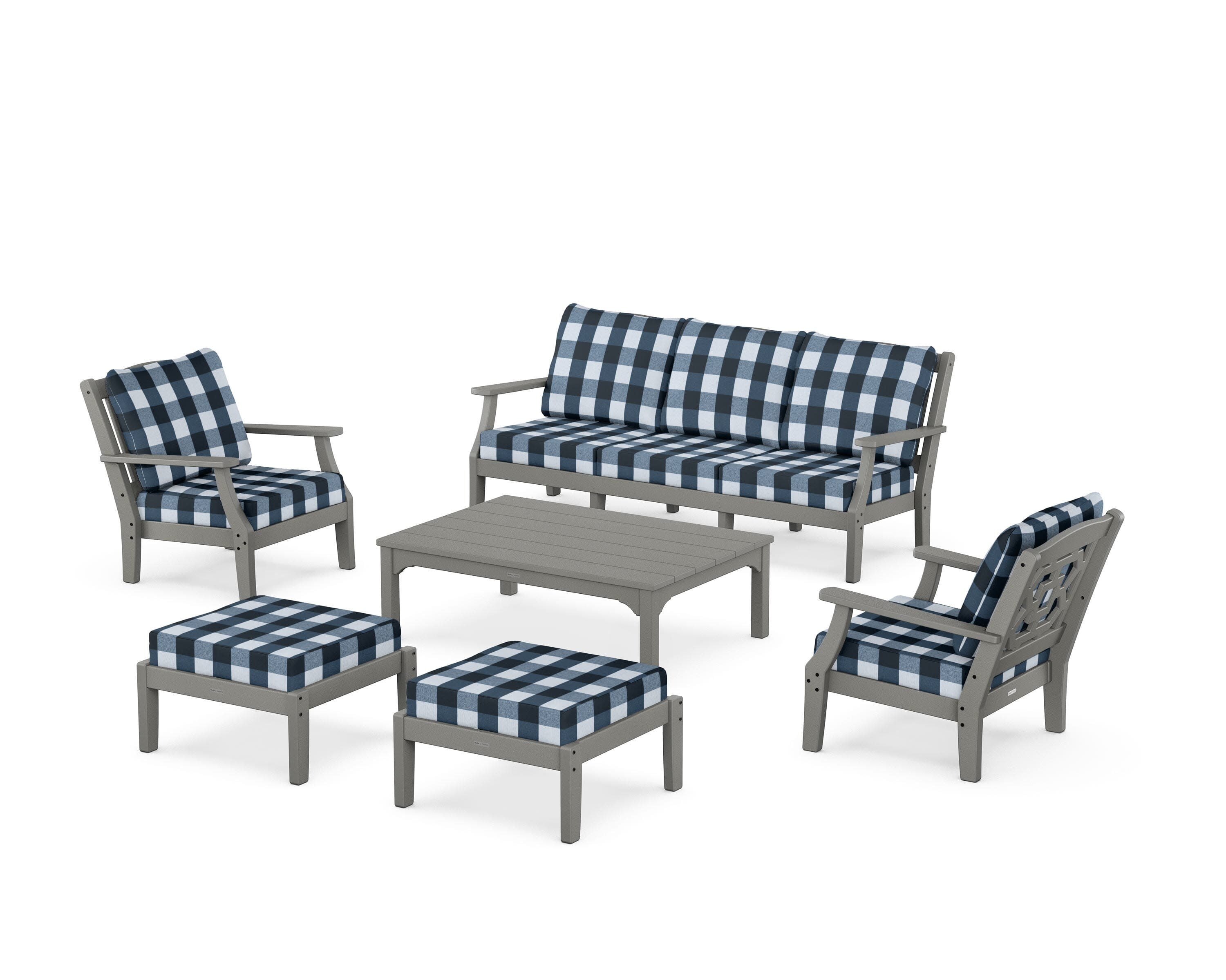 Chinoiserie 6-Piece Lounge Sofa Set in Slate Grey / Buffalo Plaid Marine Indigo