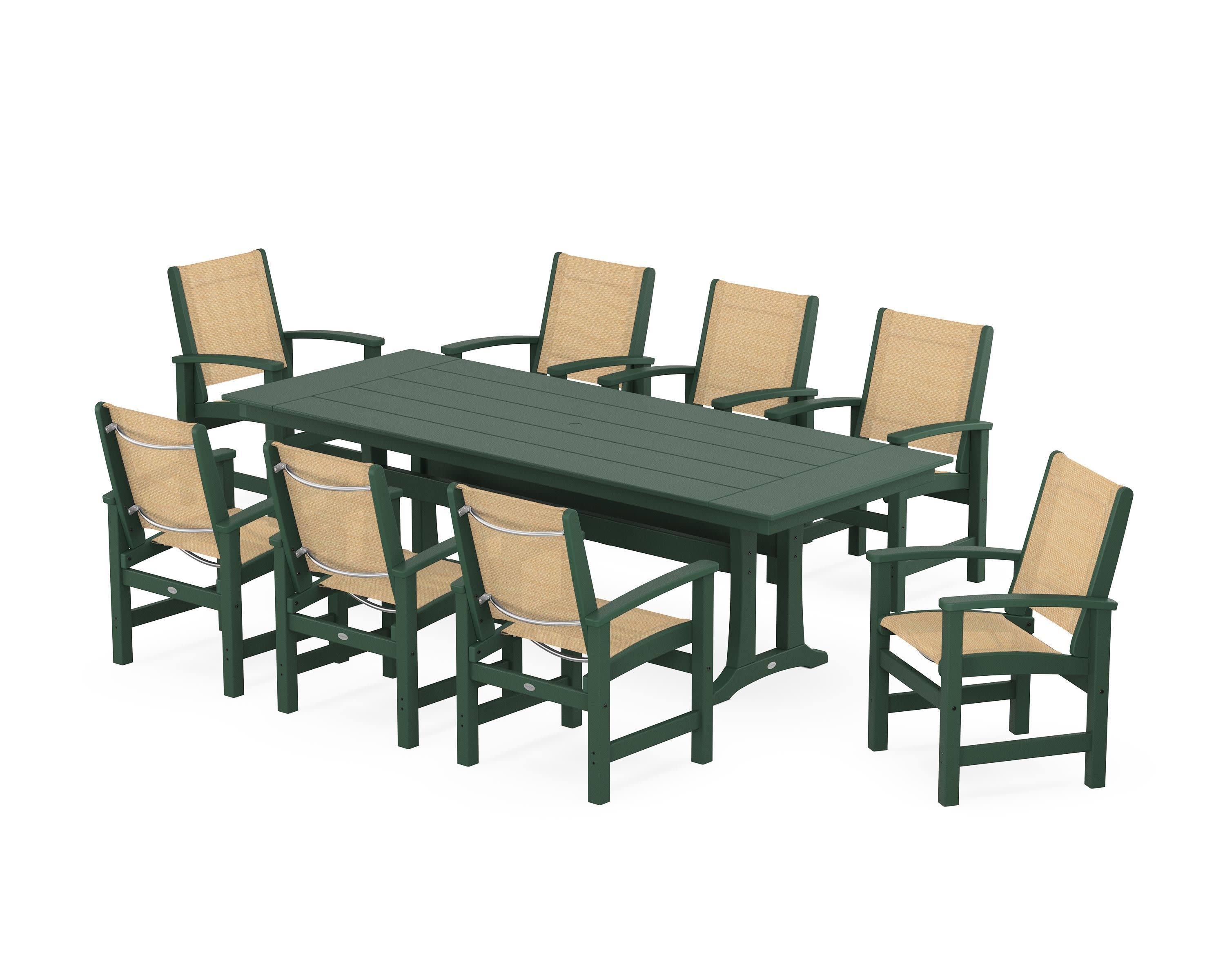 Coastal 9-Piece Farmhouse Dining Set with Trestle Legs in Green / Dupioni Apricot Sling