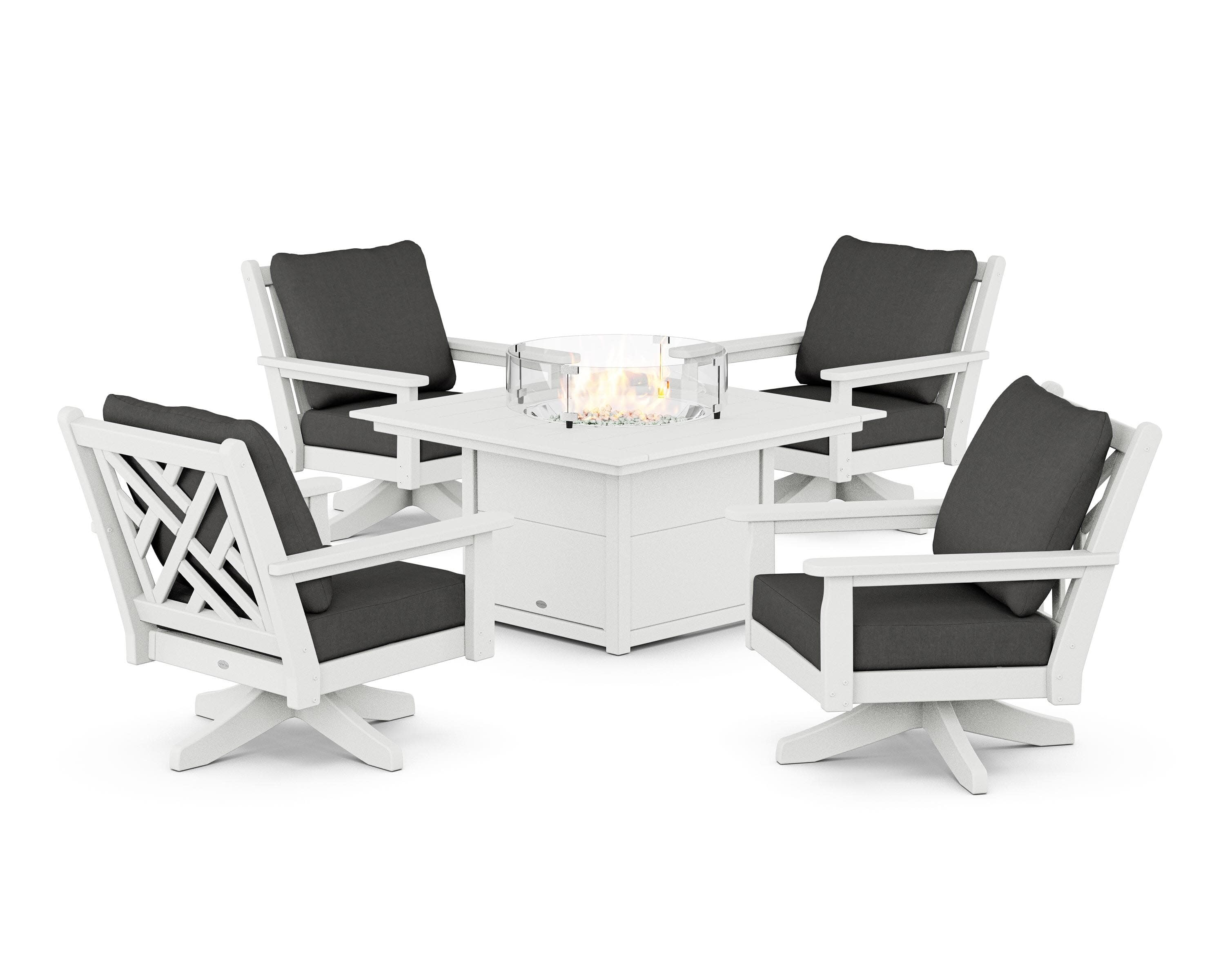 Chippendale 5-Piece Deep Seating Swivel Conversation Set with Fire Pit Table in White / Spectrum Carbon