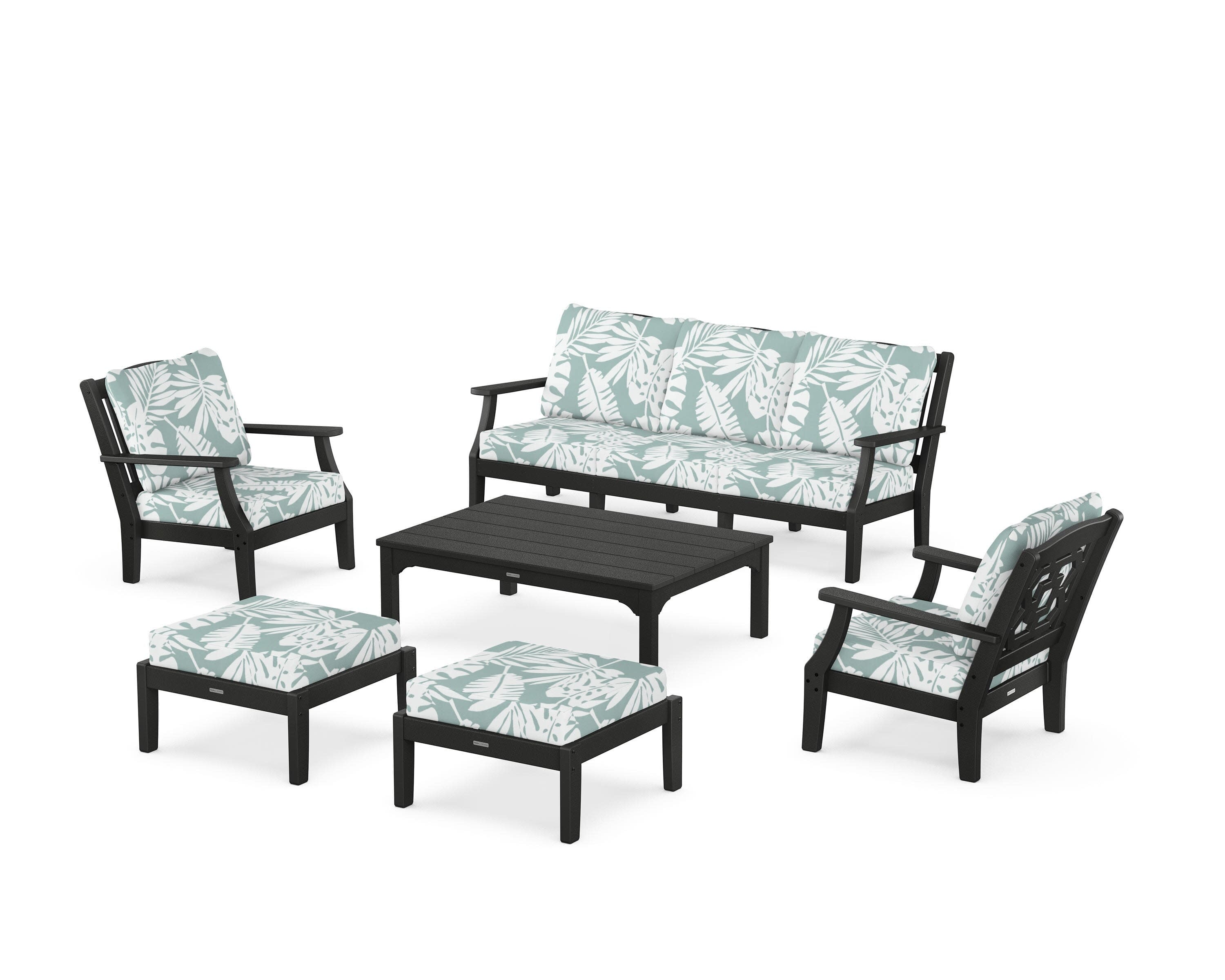 Chinoiserie 6-Piece Lounge Sofa Set in Black / Leaf Glacier Spa
