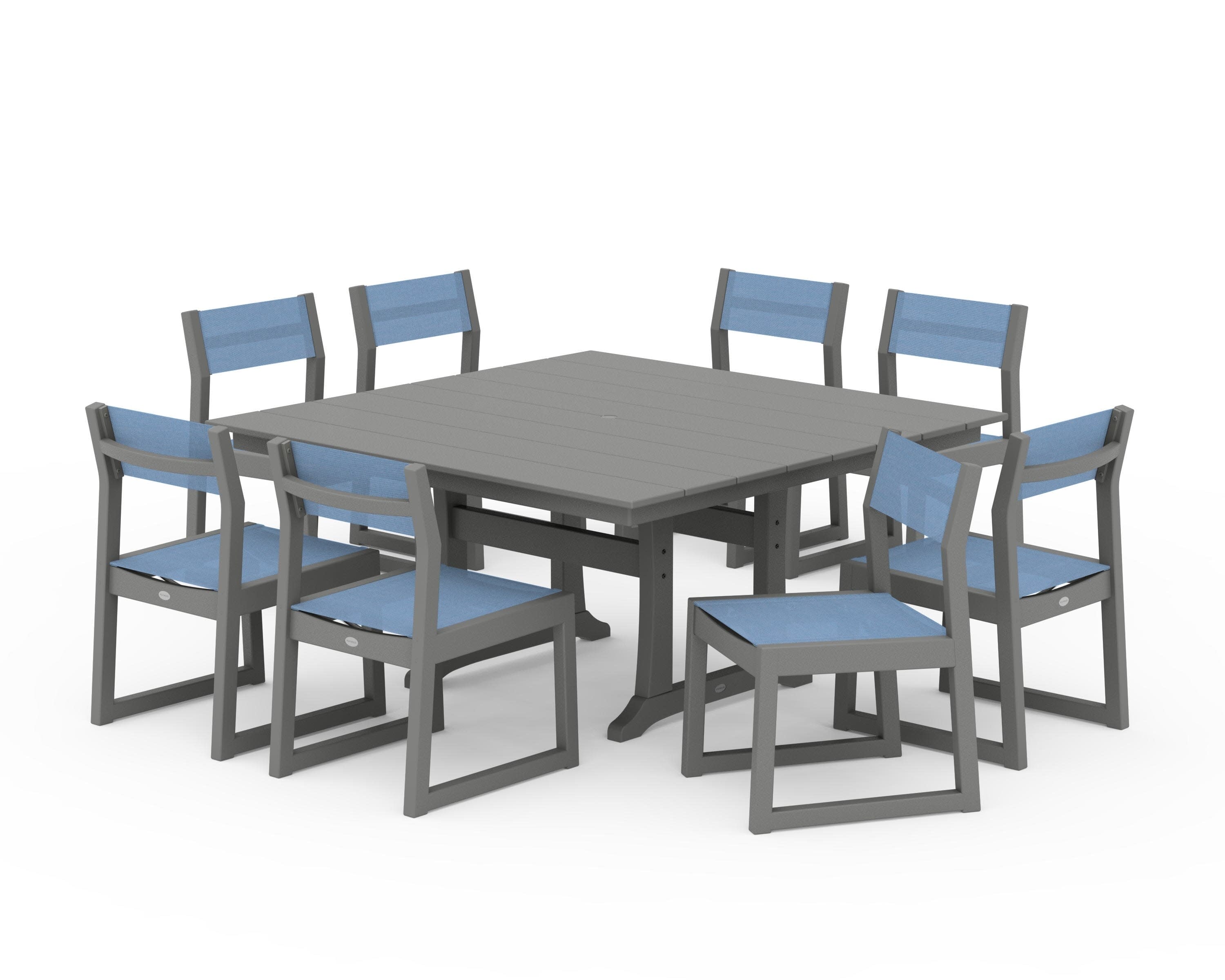 EDGE Sling Side Chair 9-Piece Farmhouse Trestle Dining Set in Slate Grey / Poolside Sling