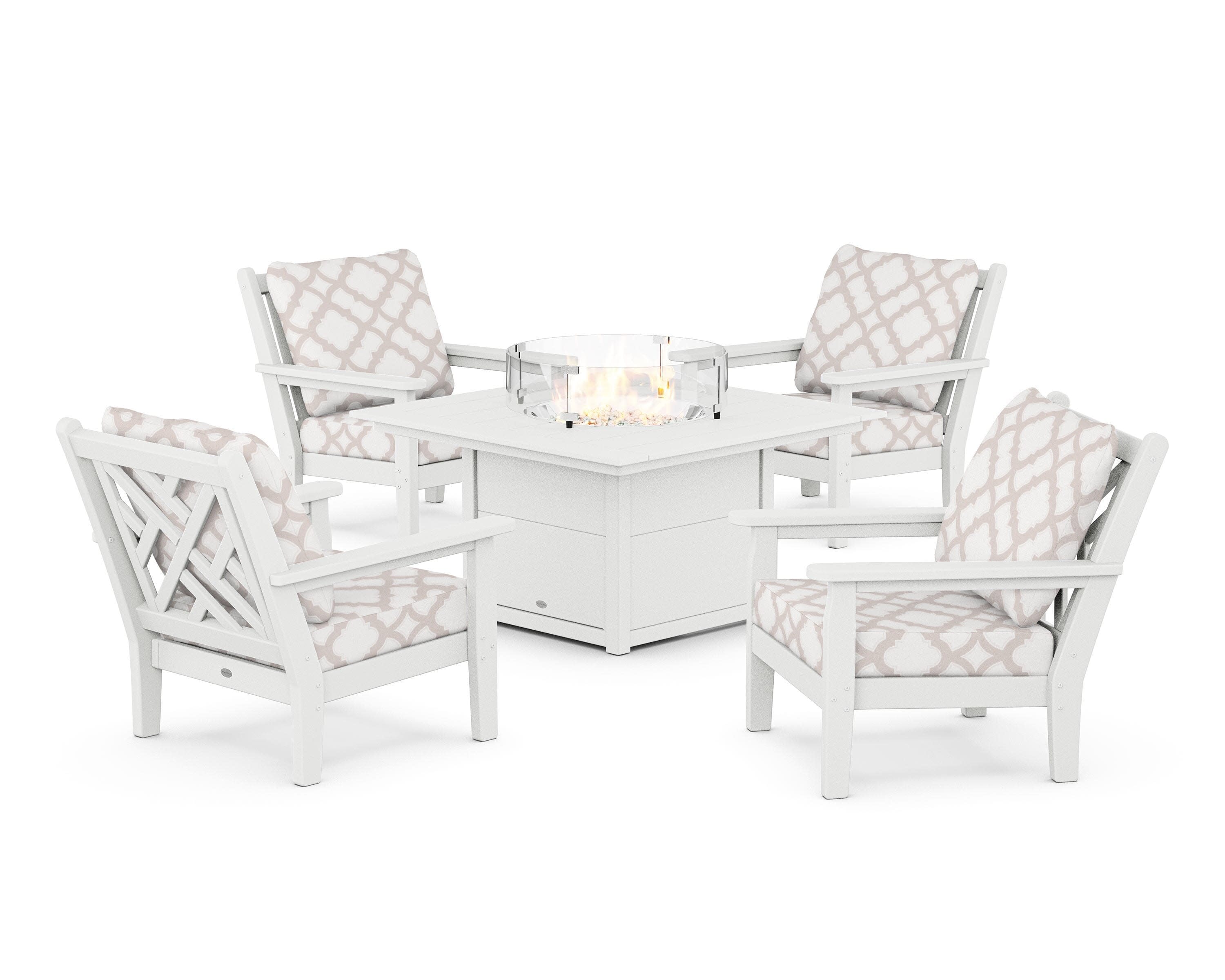 Chippendale 5-Piece Deep Seating Set with Fire Pit Table in White / Trellis Dune Burlap