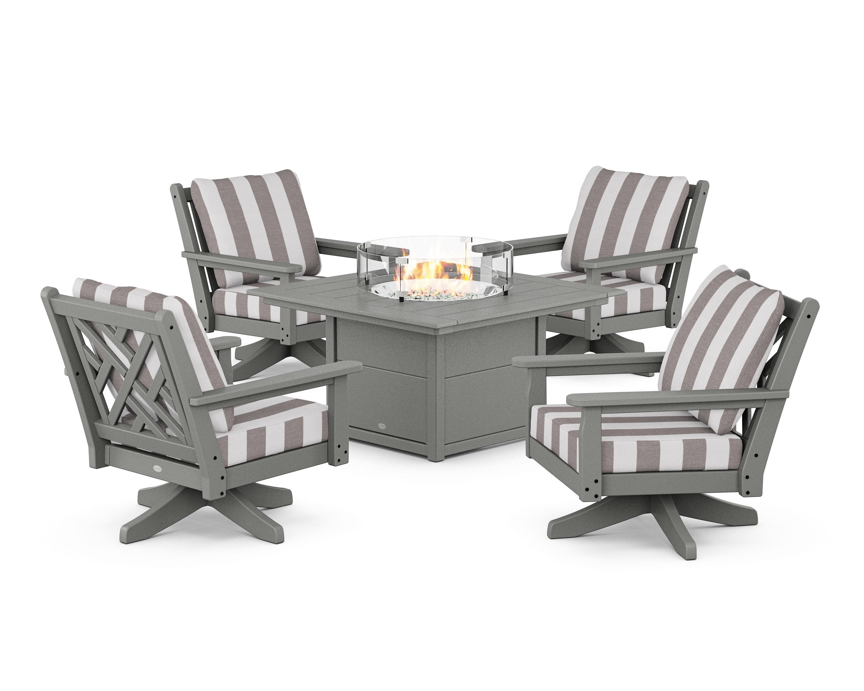 Chippendale 5-Piece Deep Seating Swivel Conversation Set with Fire Pit Table in Slate Grey / Cabana Stripe Grey Mist
