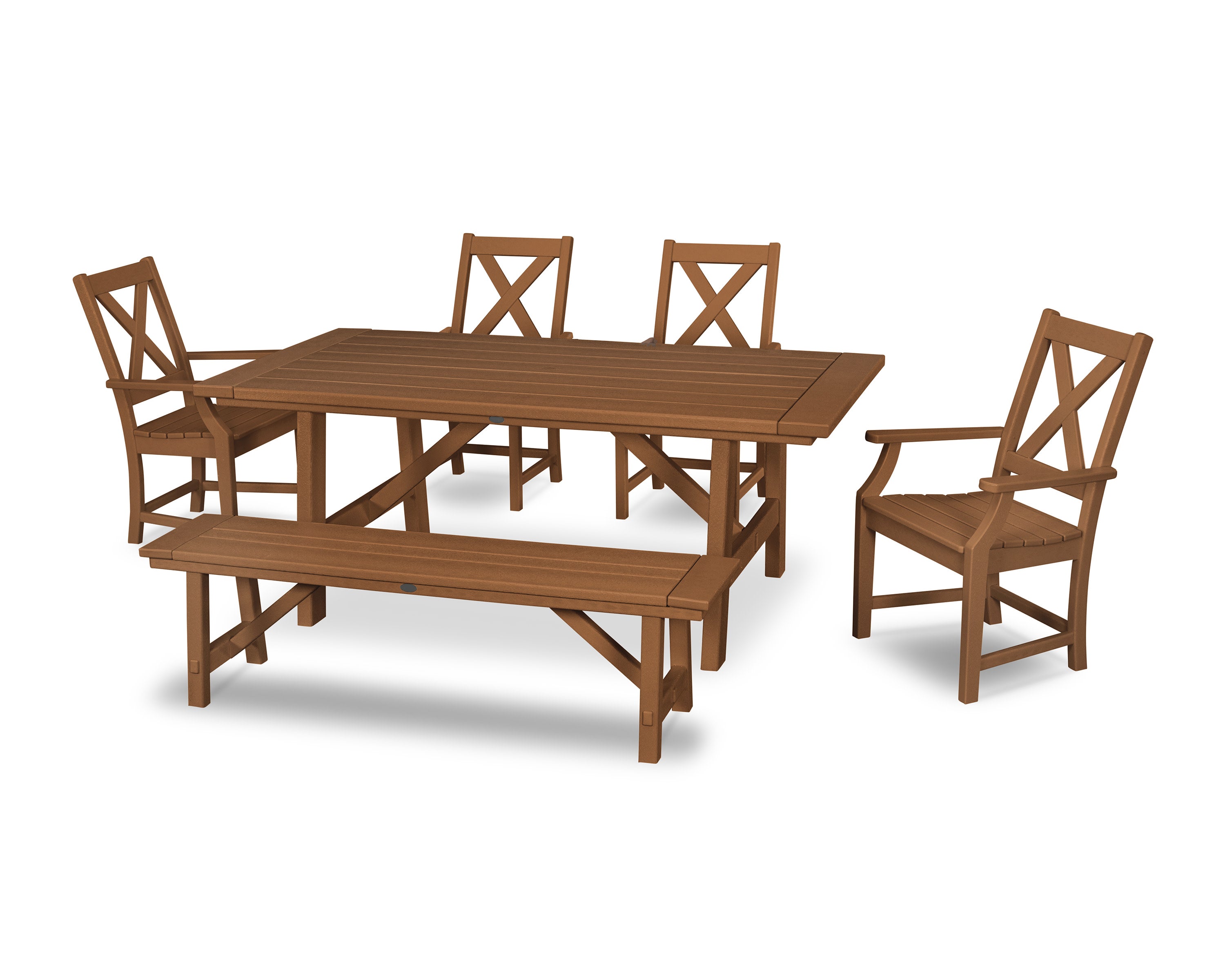 Braxton 6-Piece Rustic Farmhouse Arm Chair Dining Set with Bench in Teak