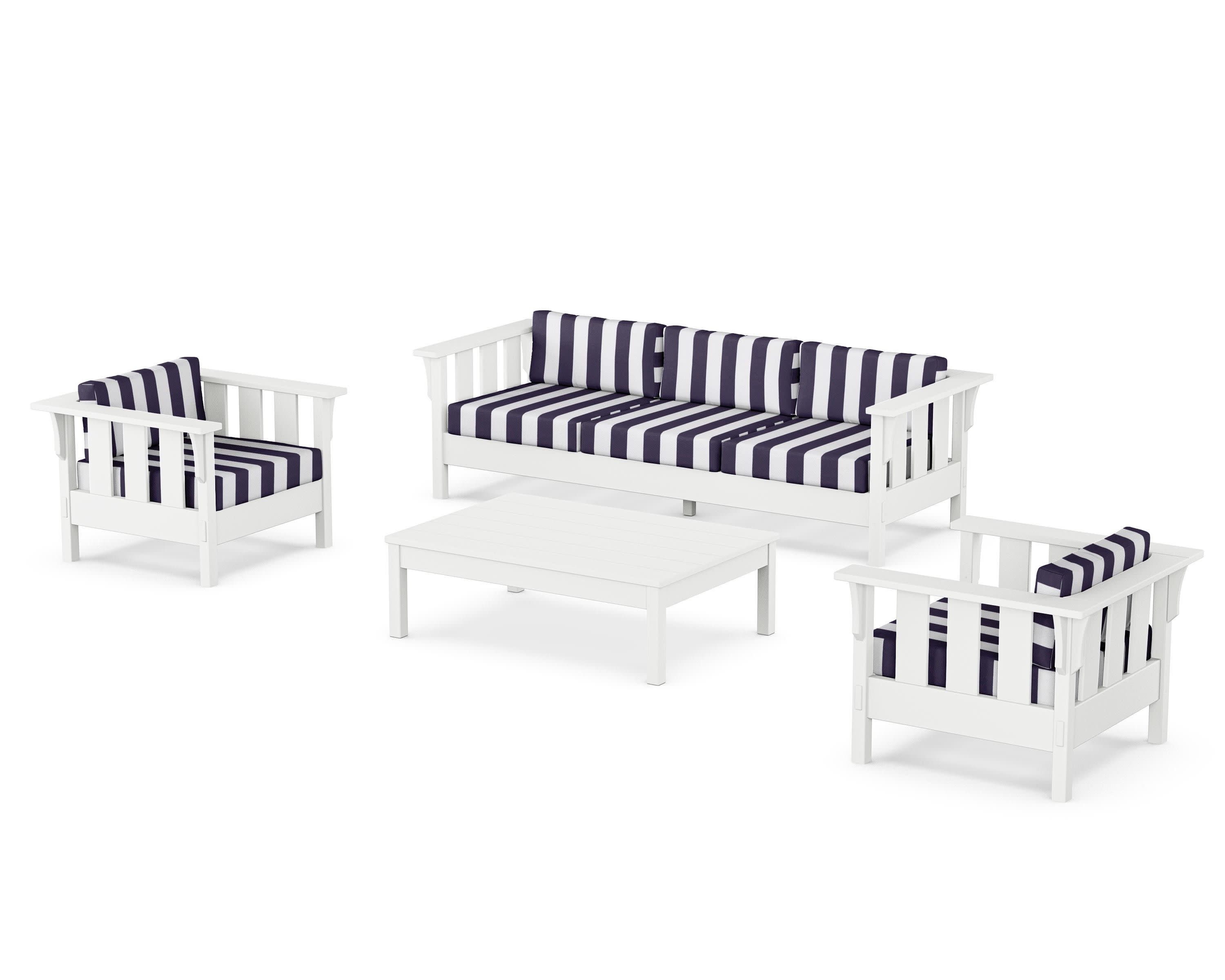 Acadia 4-Piece Deep Seating Set with Sofa in White / Cabana Stripe Navy