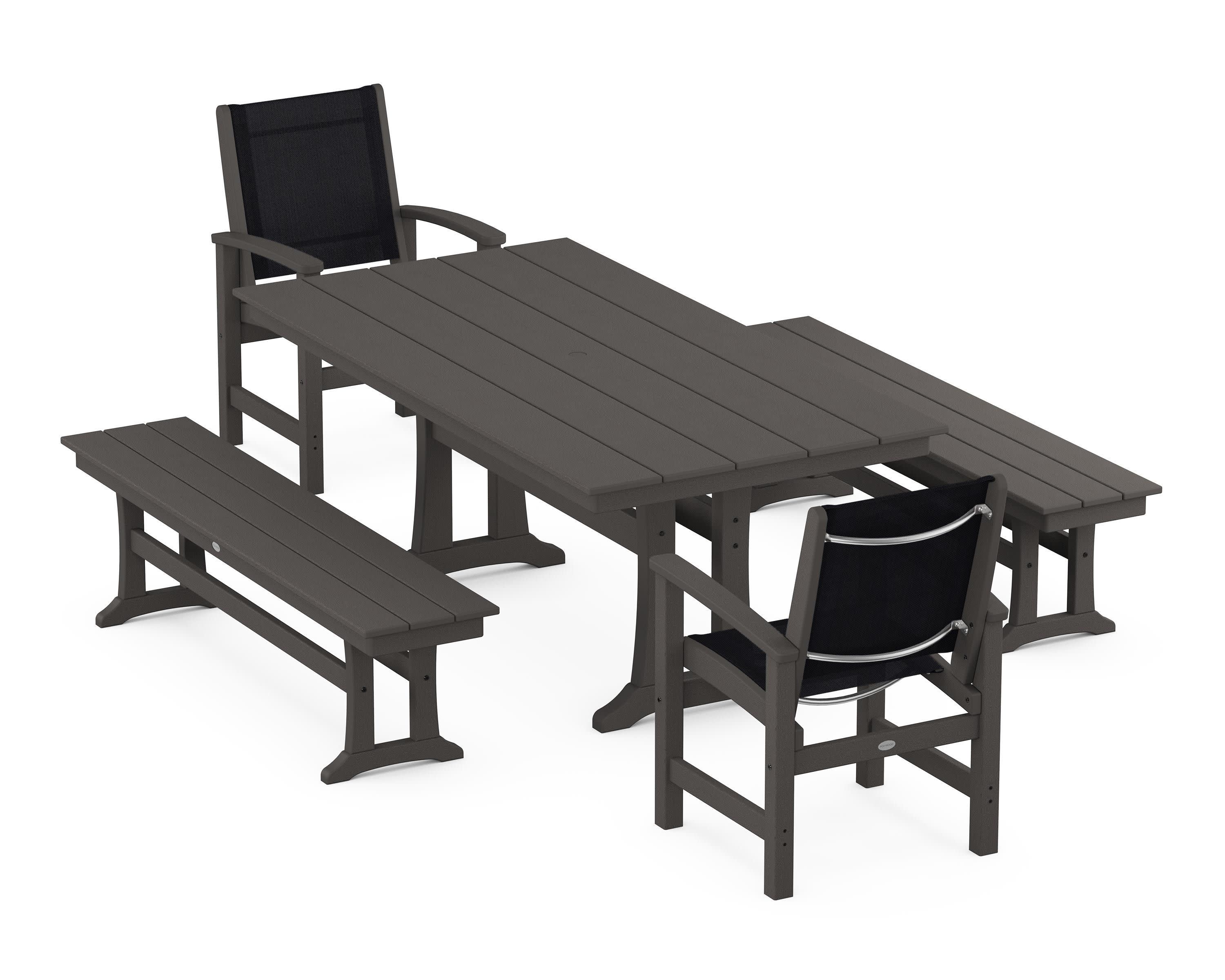 Coastal 5-Piece Farmhouse Dining Set with Trestle Legs and Benches in Vintage Coffee / Black Sling