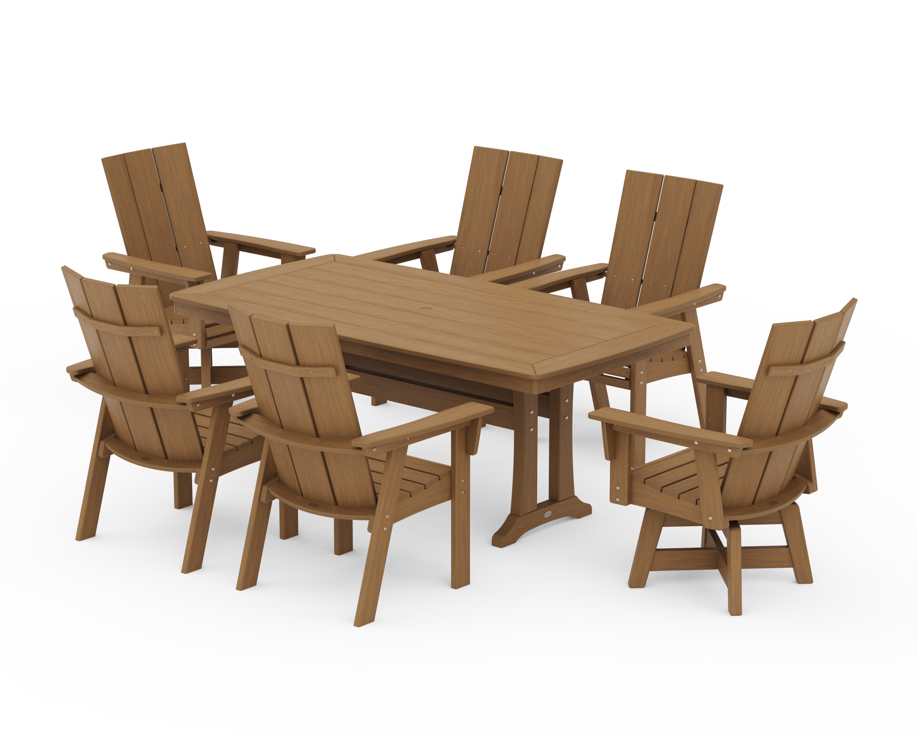 Modern Adirondack Swivel Chair 7-Piece Dining Set with Trestle Legs in Natural