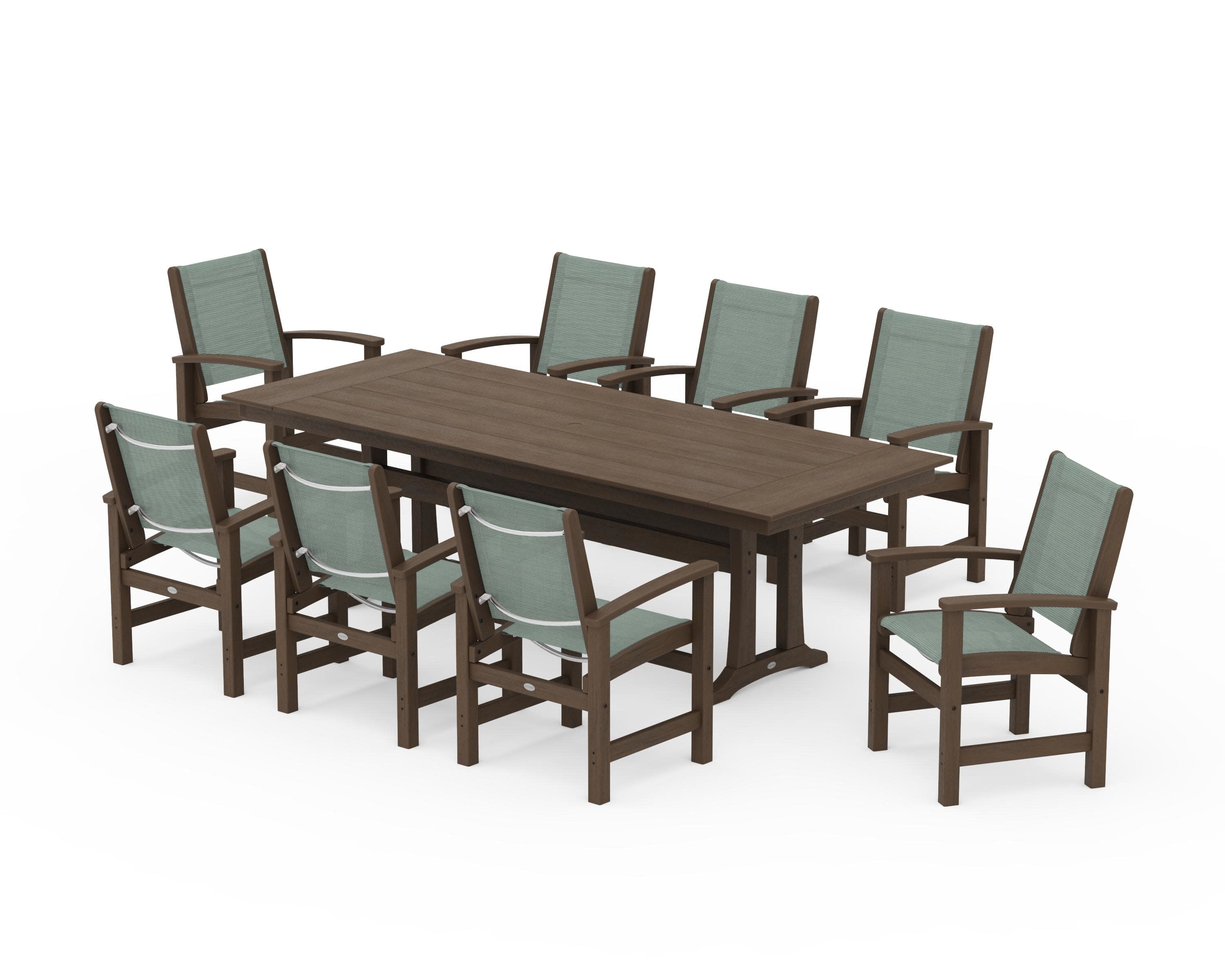 Coastal 9-Piece Farmhouse Dining Set with Trestle Legs in Kona / Dupioni Sea Mist Sling