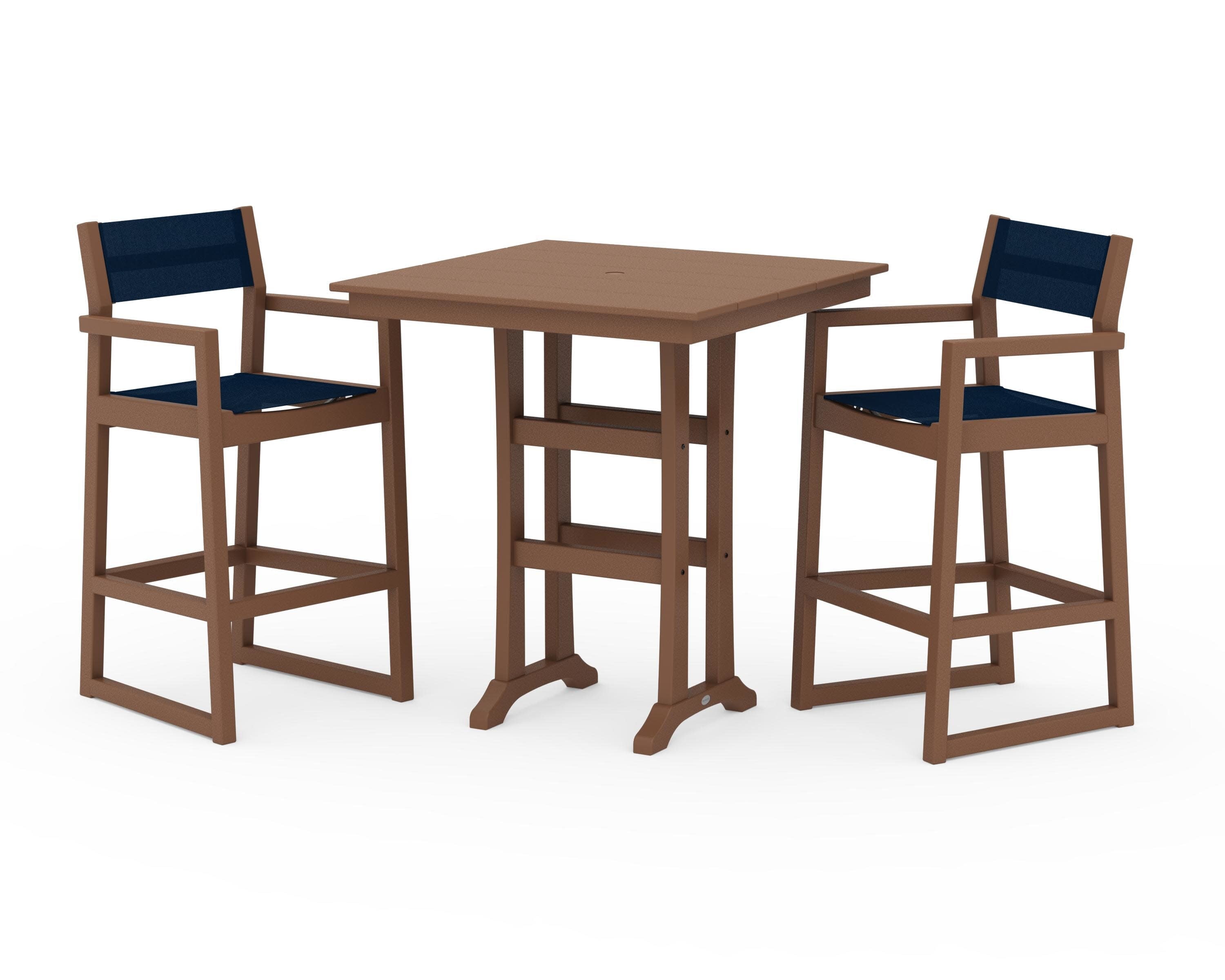EDGE Sling Arm Chair 3-Piece Farmhouse Bar Set with Trestle Legs in Teak / Navy Blue Sling
