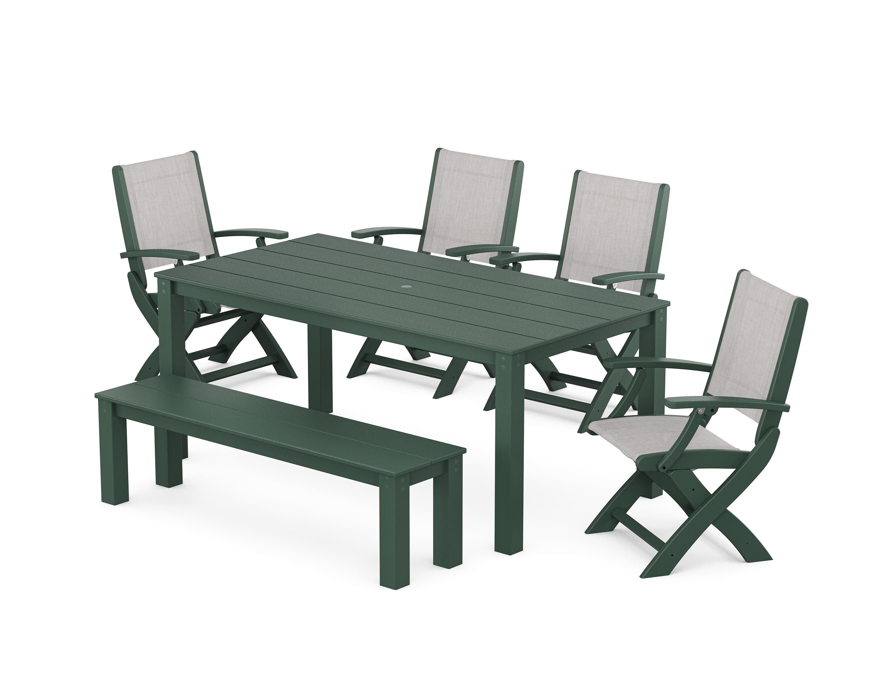 Coastal Folding Chair 6-Piece Parsons Dining Set with Bench in Green / Parchment Sling