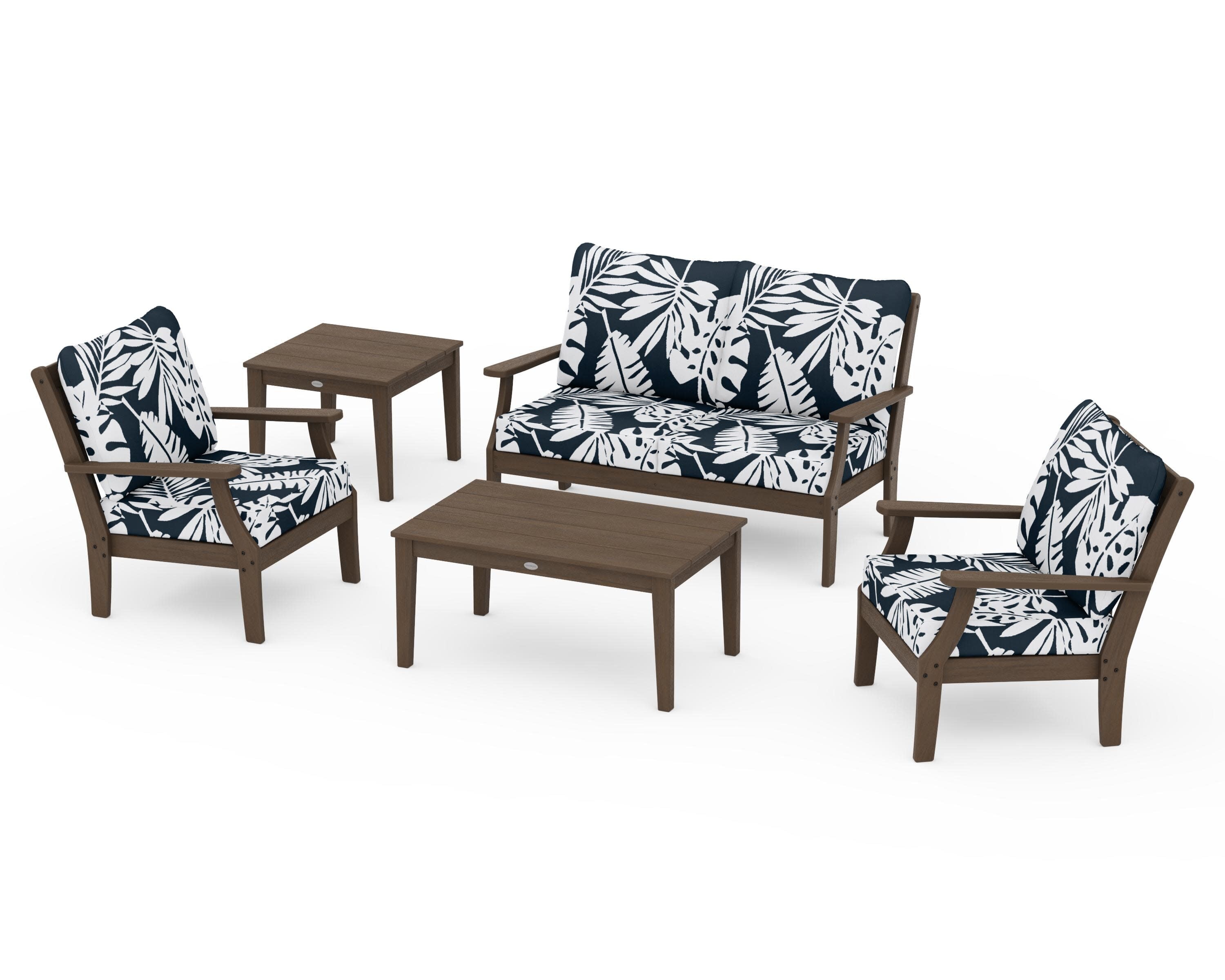 Braxton 5-Piece Deep Seating Set in Kona / Leaf Marine Indigo