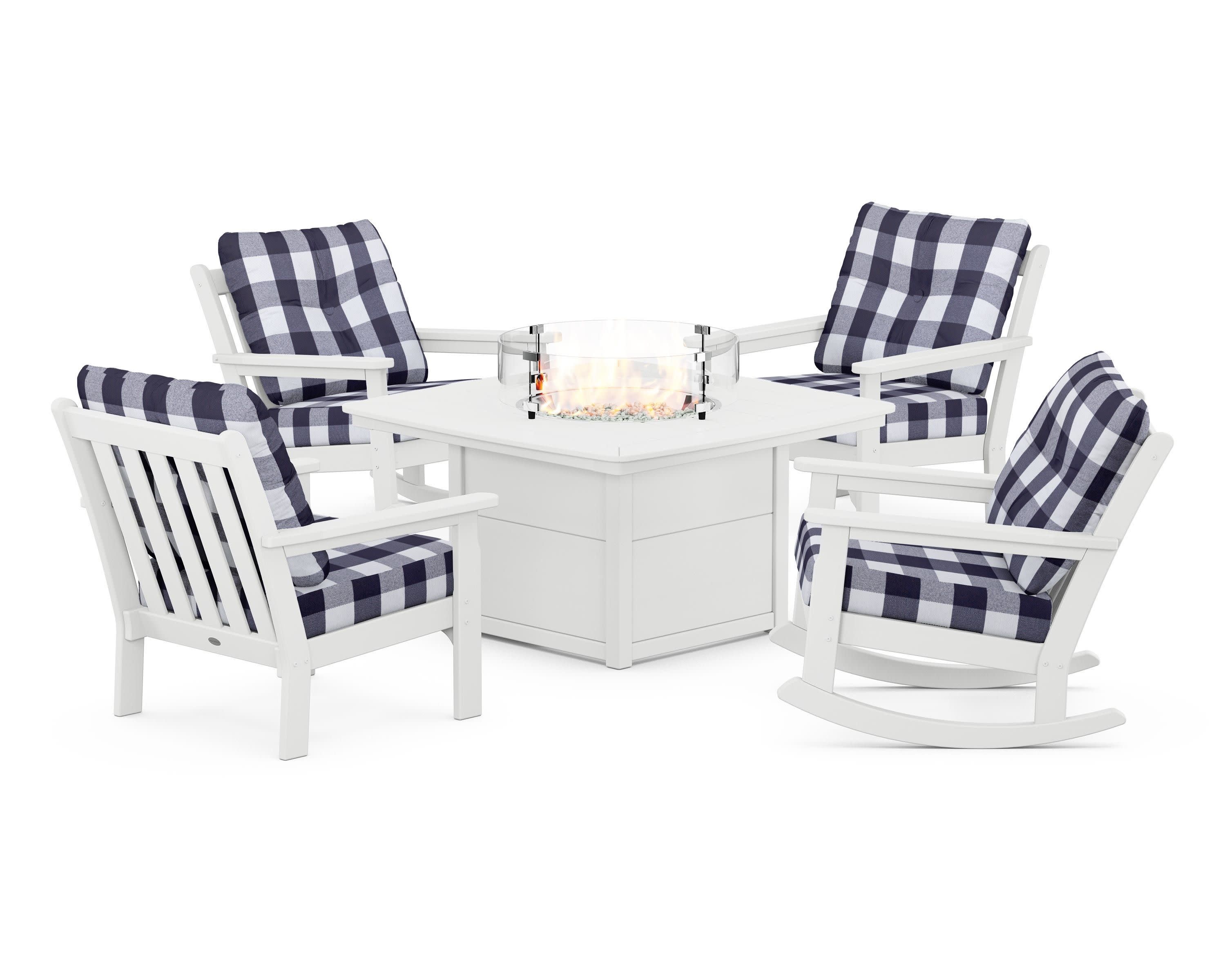 Vineyard 5-Piece Deep Seating Rocking Chair Conversation Set with Fire Pit Table in White / Buffalo Plaid Navy