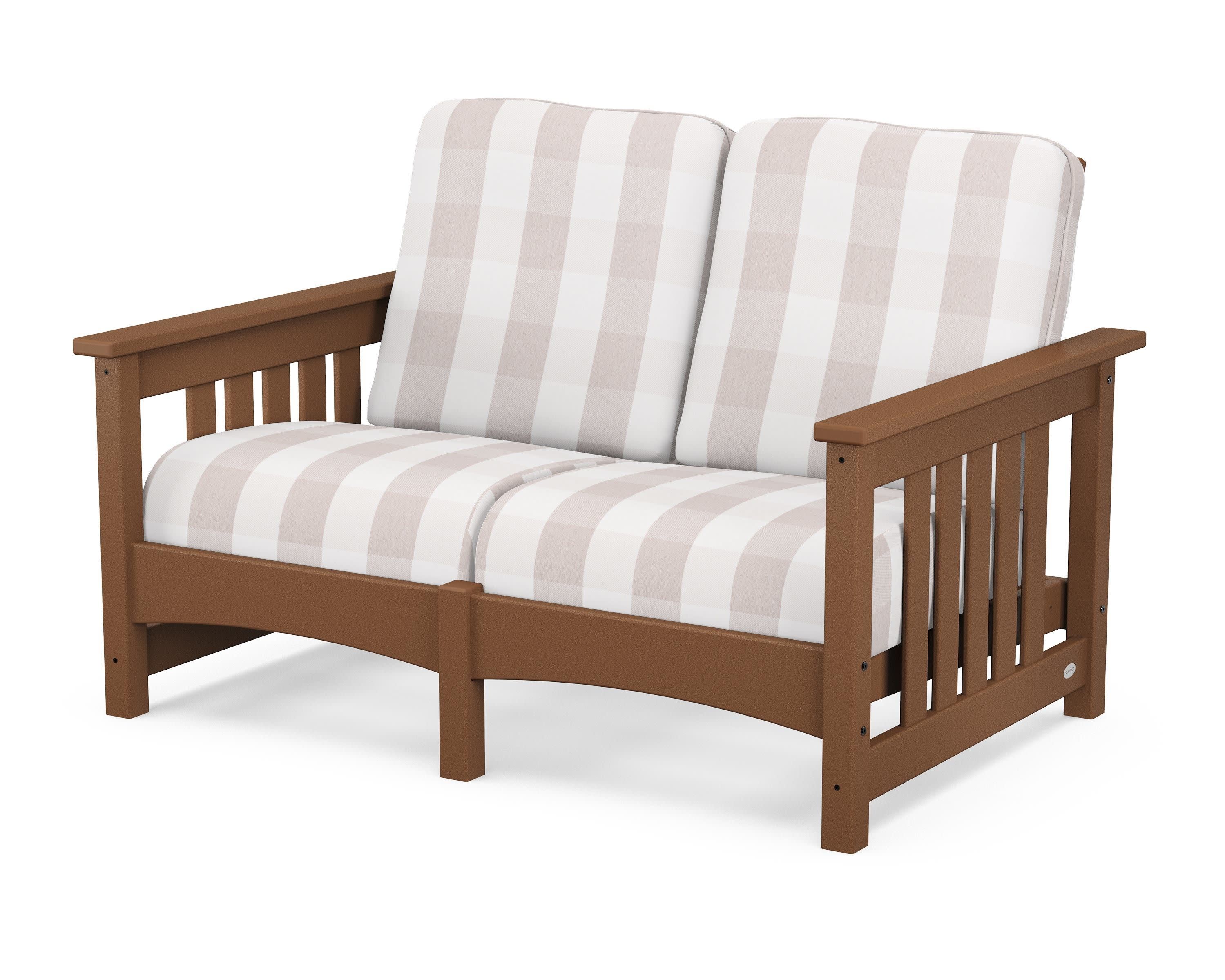 Club Mission Loveseat in Teak / Buffalo Plaid Dune Burlap
