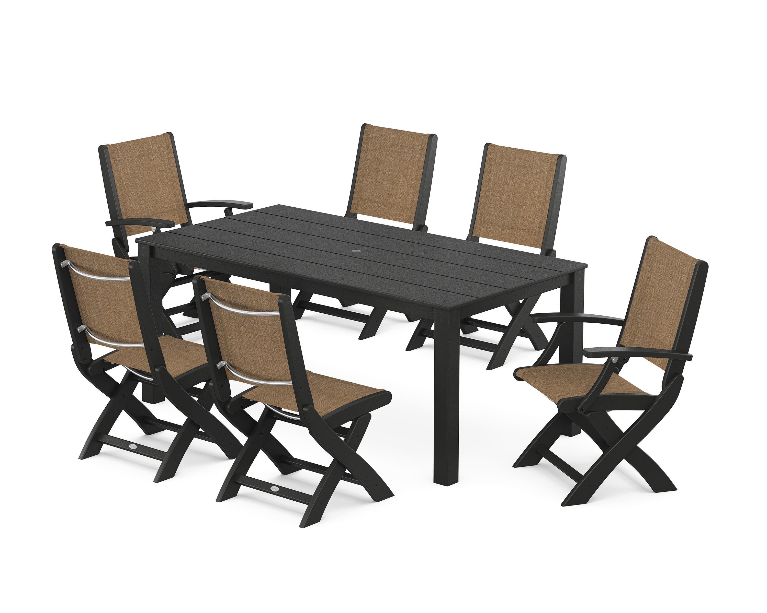 Coastal Folding Chair 7-Piece Parsons Dining Set in Black / Burlap Sling
