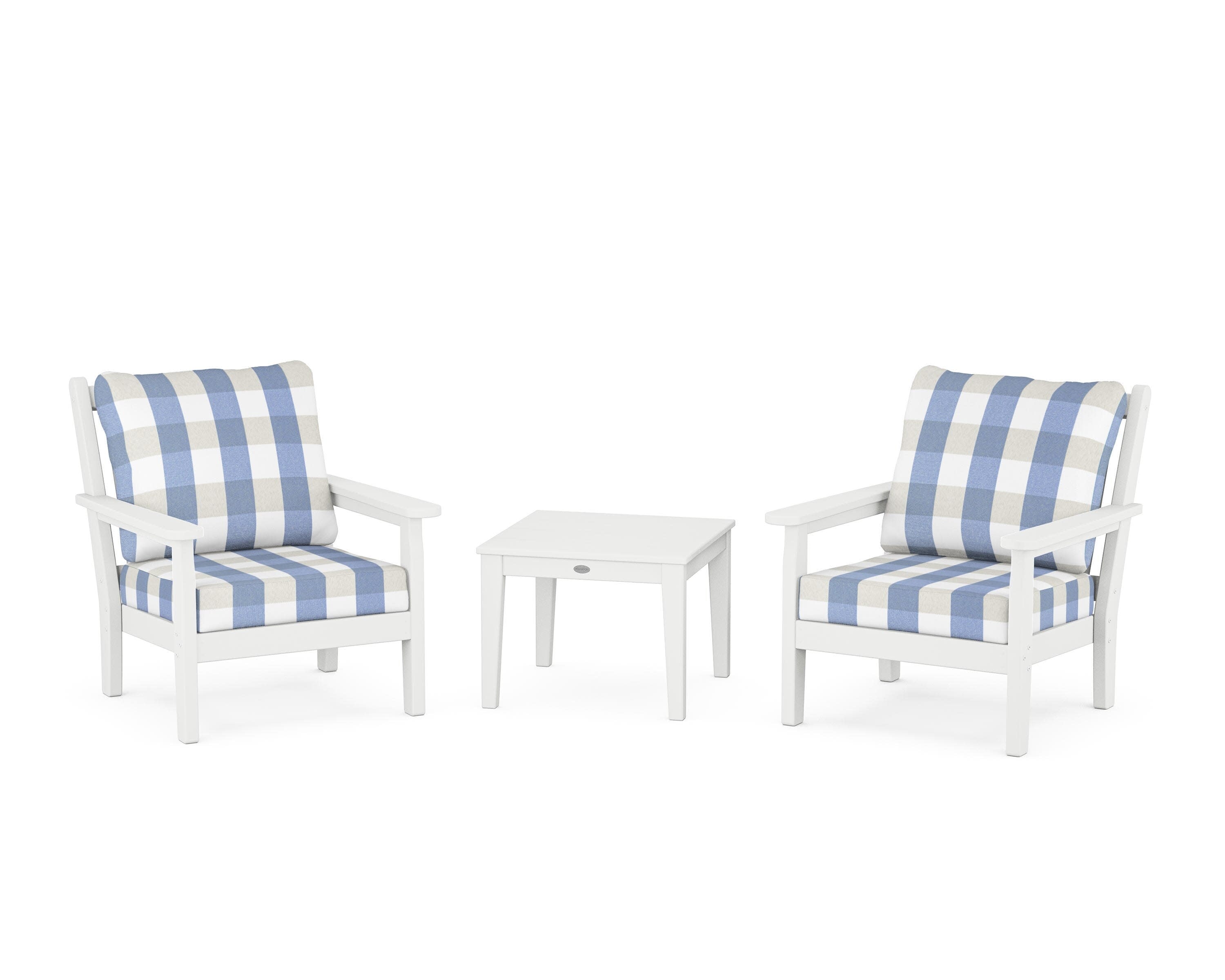 Chippendale 3-Piece Deep Seating Set in White / Buffalo Plaid Sky Blue
