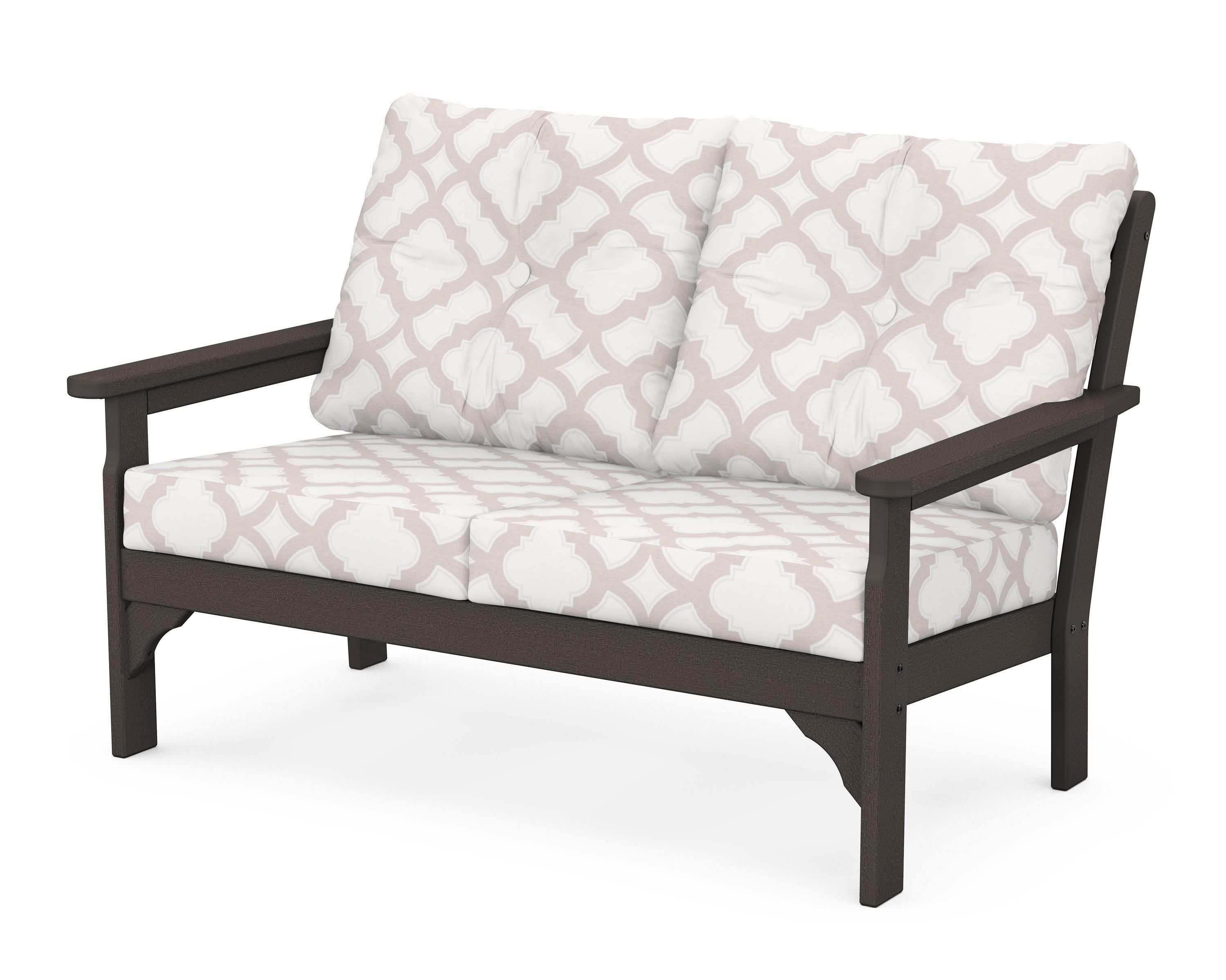Vineyard Deep Seating Loveseat in Vintage Coffee / Trellis Dune Burlap