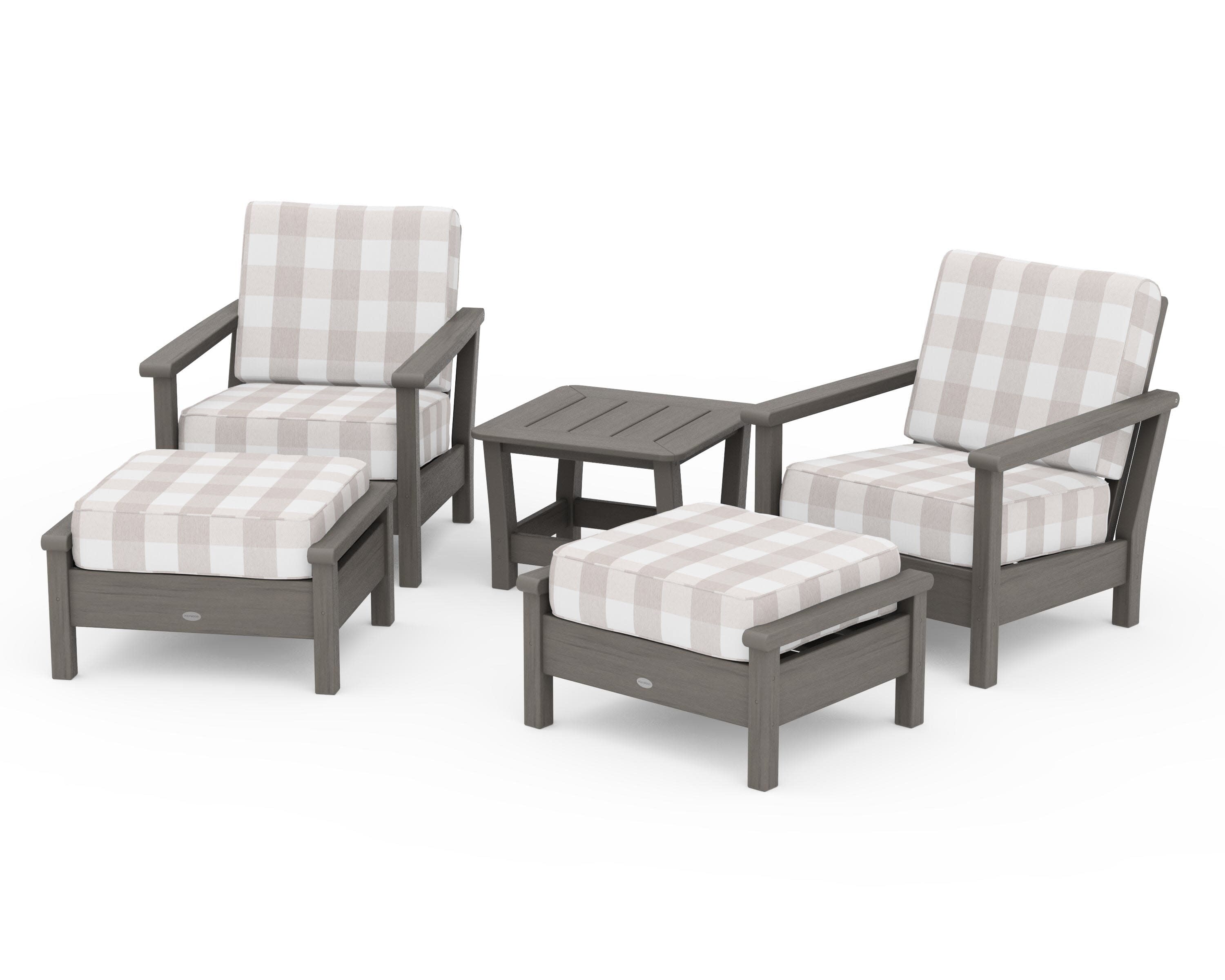 Harbour 5-Piece Deep Seating Chair Set in Driftwood / Buffalo Plaid Dune Burlap