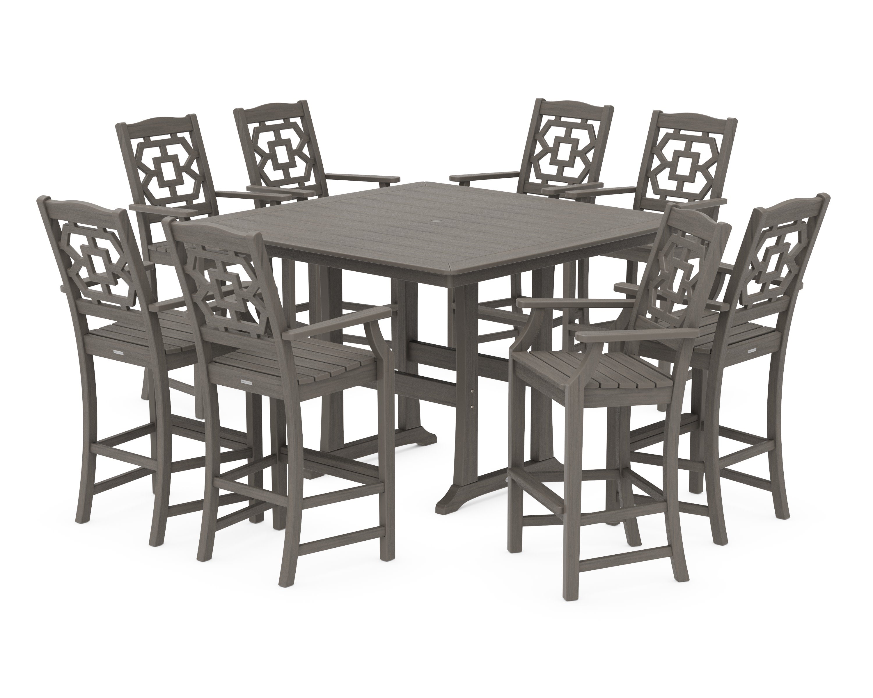 Chinoiserie 9-Piece Square Bar Set with Trestle Legs in Driftwood