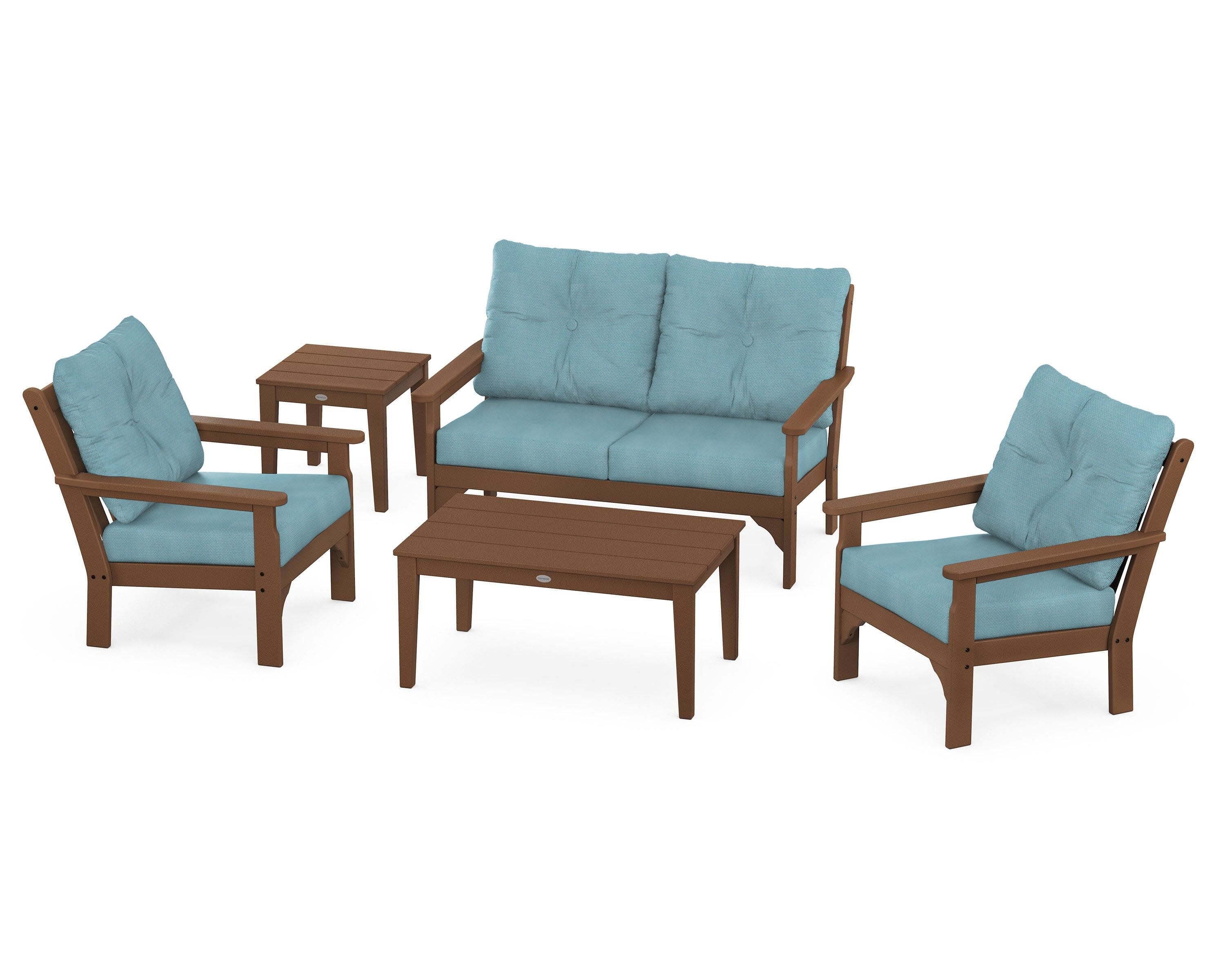 Vineyard 5-Piece Deep Seating Set in Teak / Lattice Sky Blue