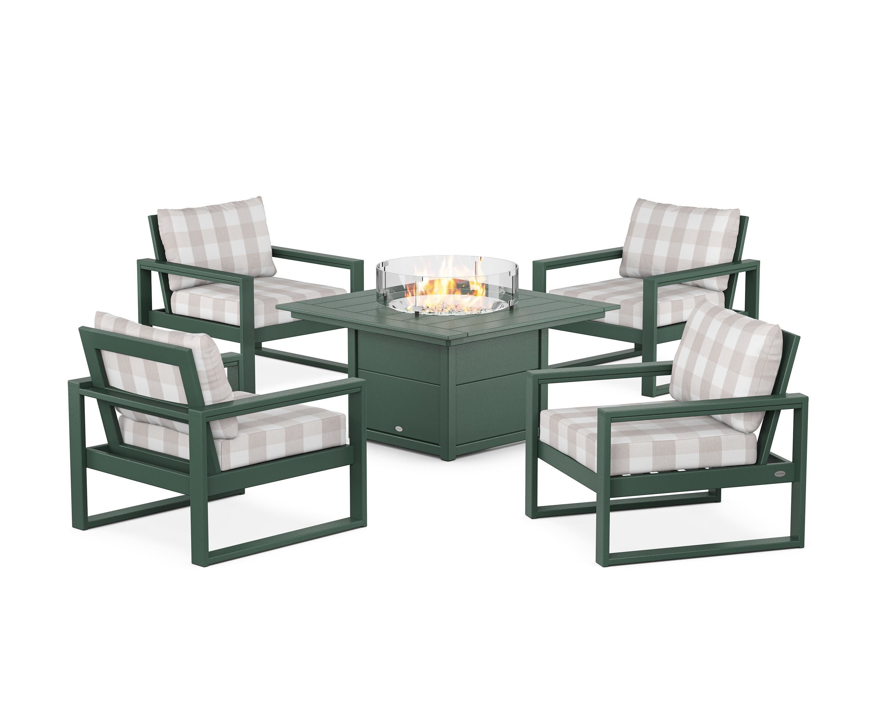 EDGE Sectional 5-Piece Deep Seating Set with Fire Pit Table in Green / Buffalo Plaid Dune Burlap