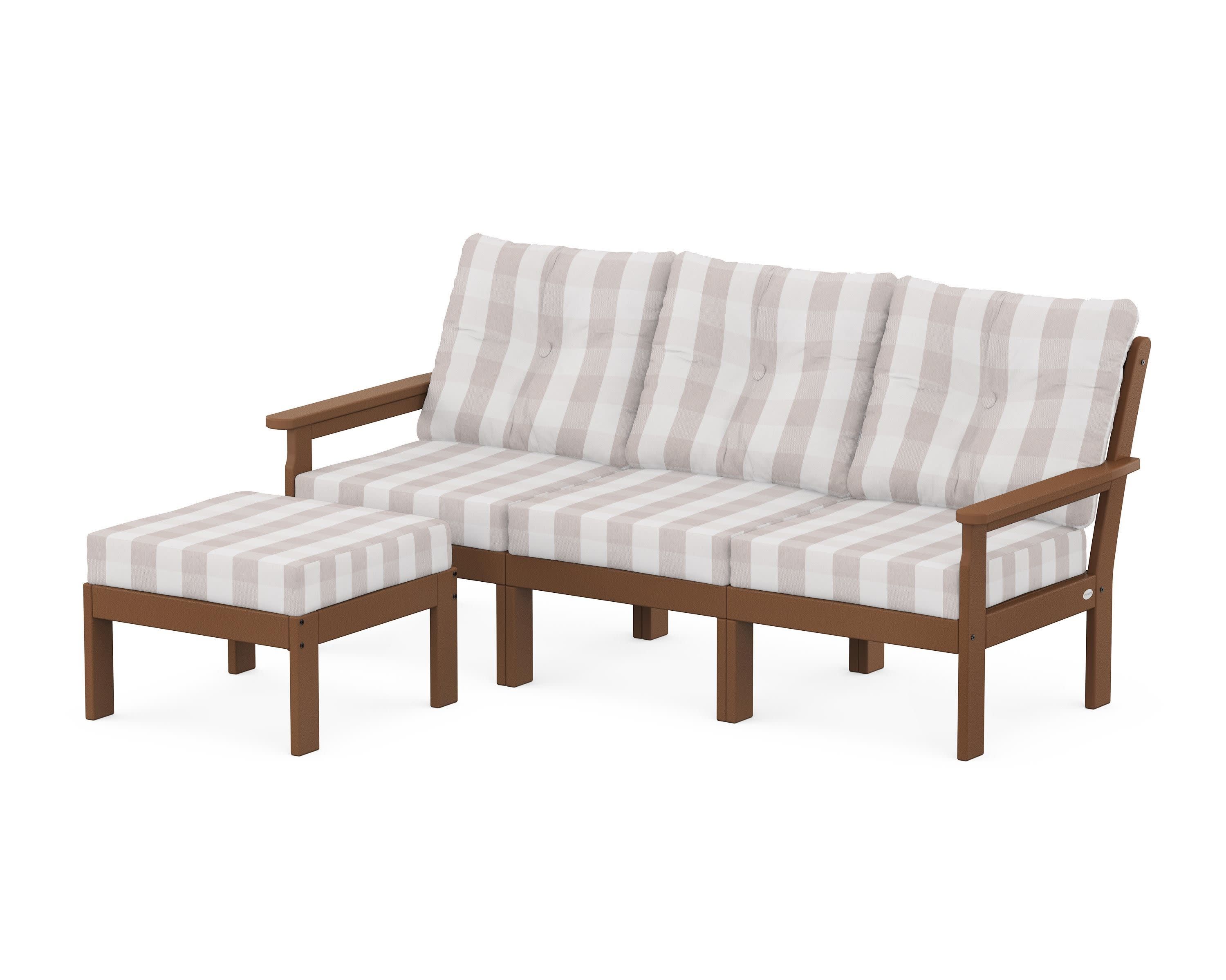 Vineyard 4-Piece Sectional with Ottoman in Teak / Buffalo Plaid Dune Burlap
