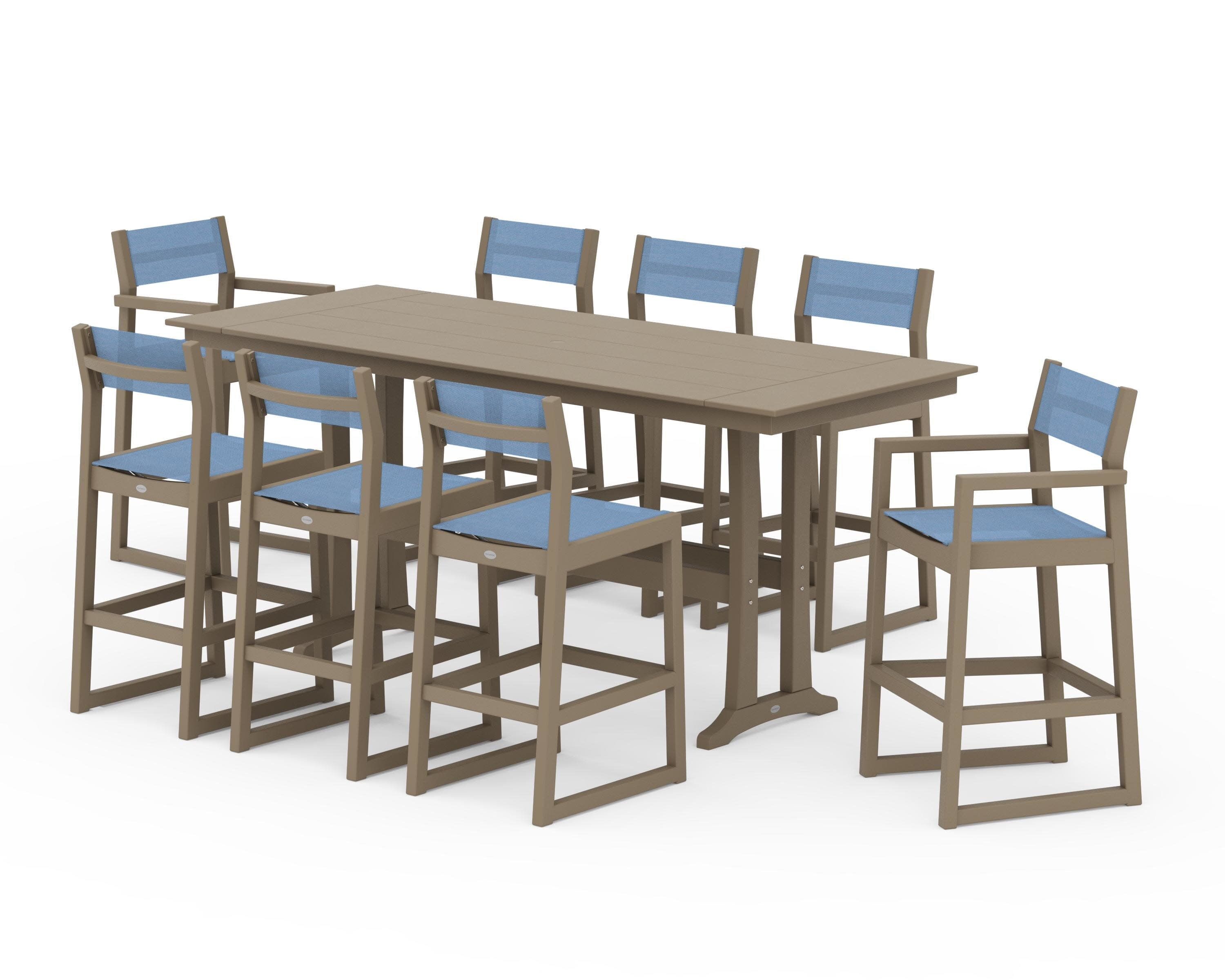 EDGE Sling 9-Piece Farmhouse Bar Set with Trestle Legs in Vintage Sahara / Poolside Sling