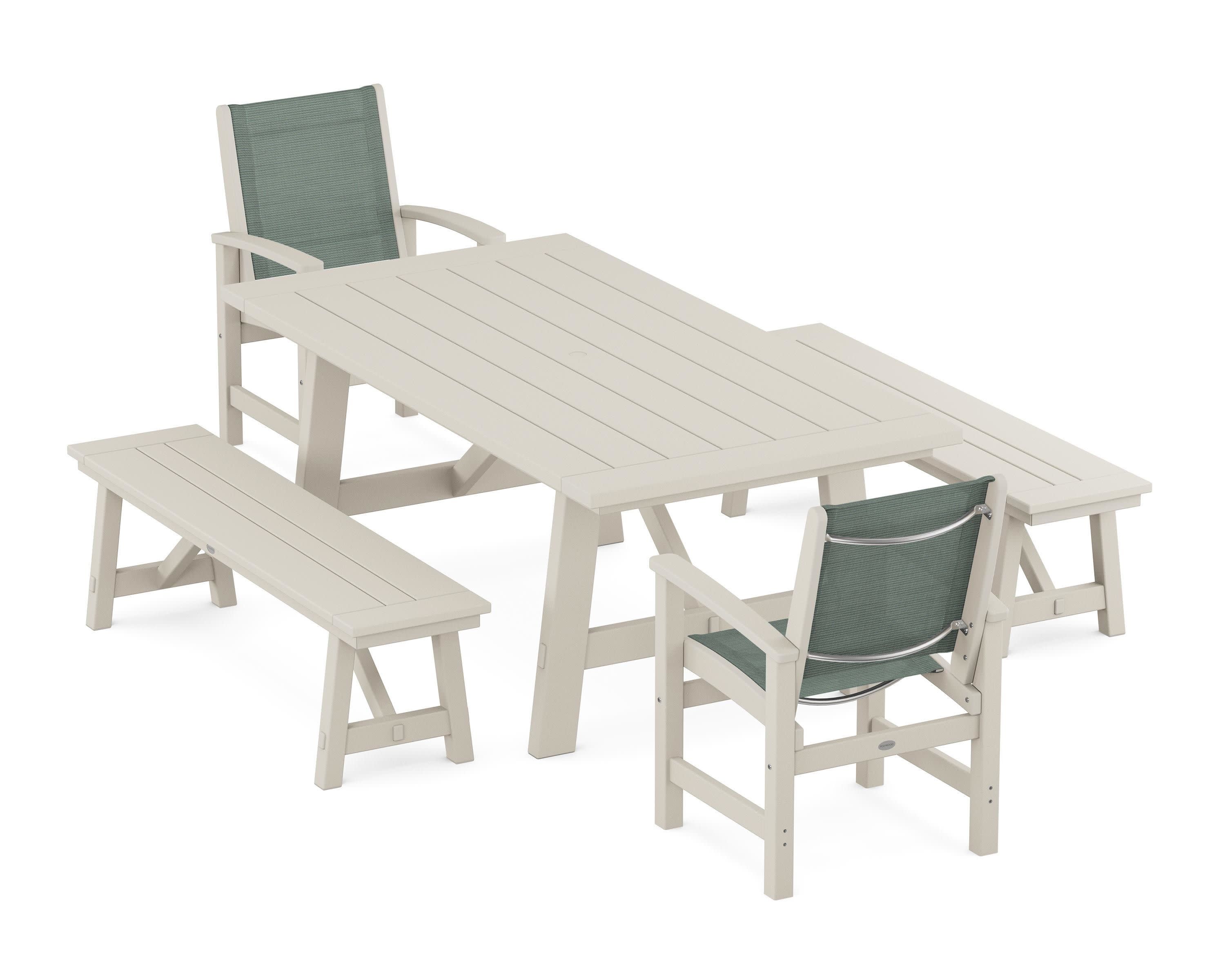 Coastal 5-Piece Rustic Farmhouse Dining Set With Benches in Sand / Dupioni Sea Mist Sling