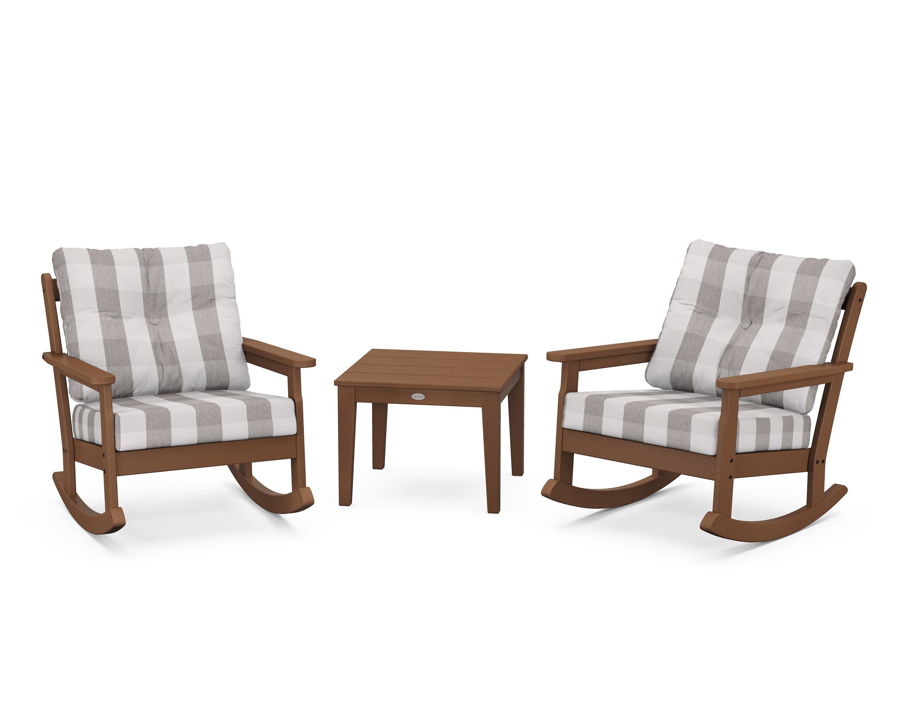 Vineyard 3-Piece Deep Seating Rocker Set in Teak / Buffalo Plaid Grey Mist