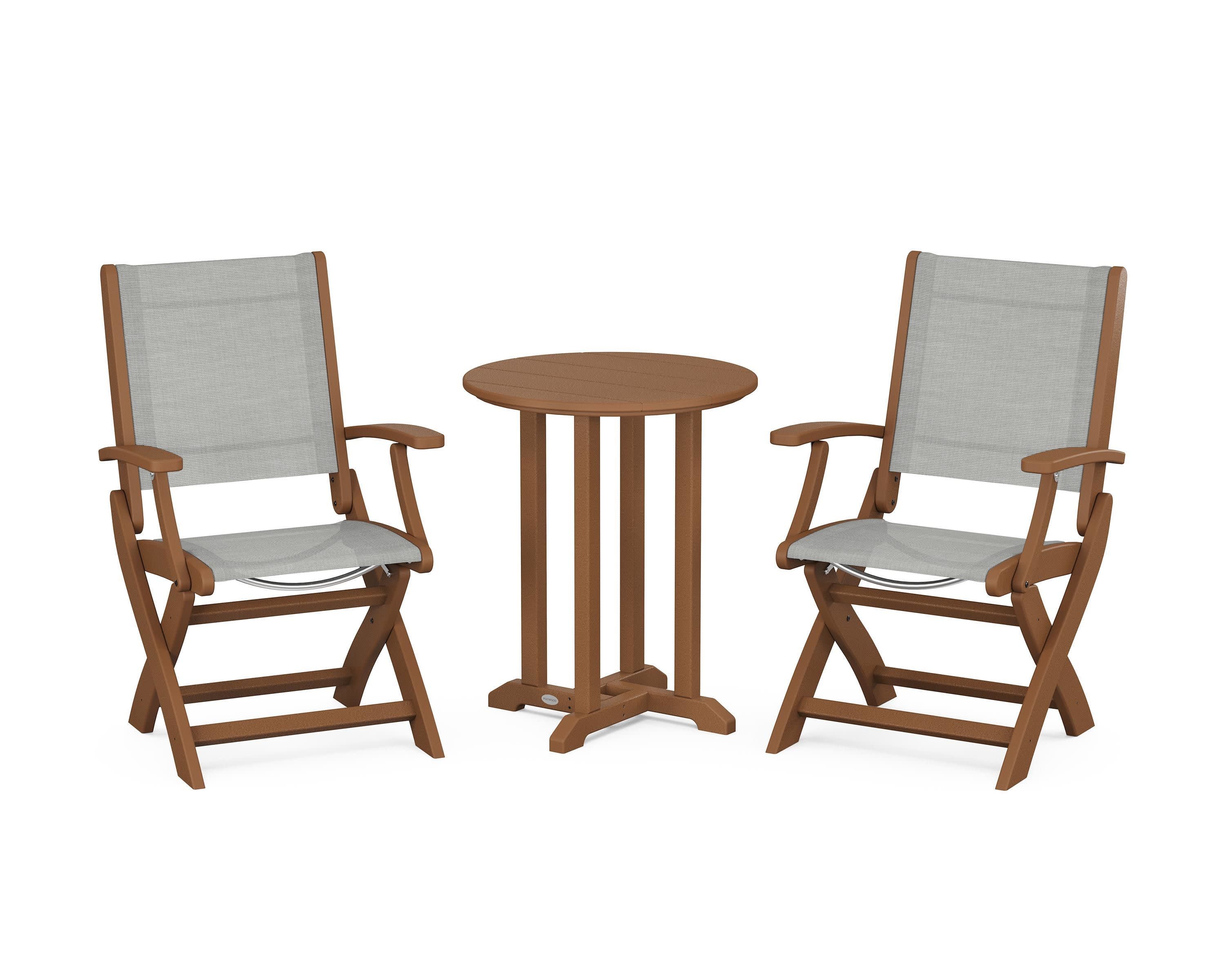 Coastal Folding 3-Piece Round Bistro Dining Set in Teak / Metallic Sling