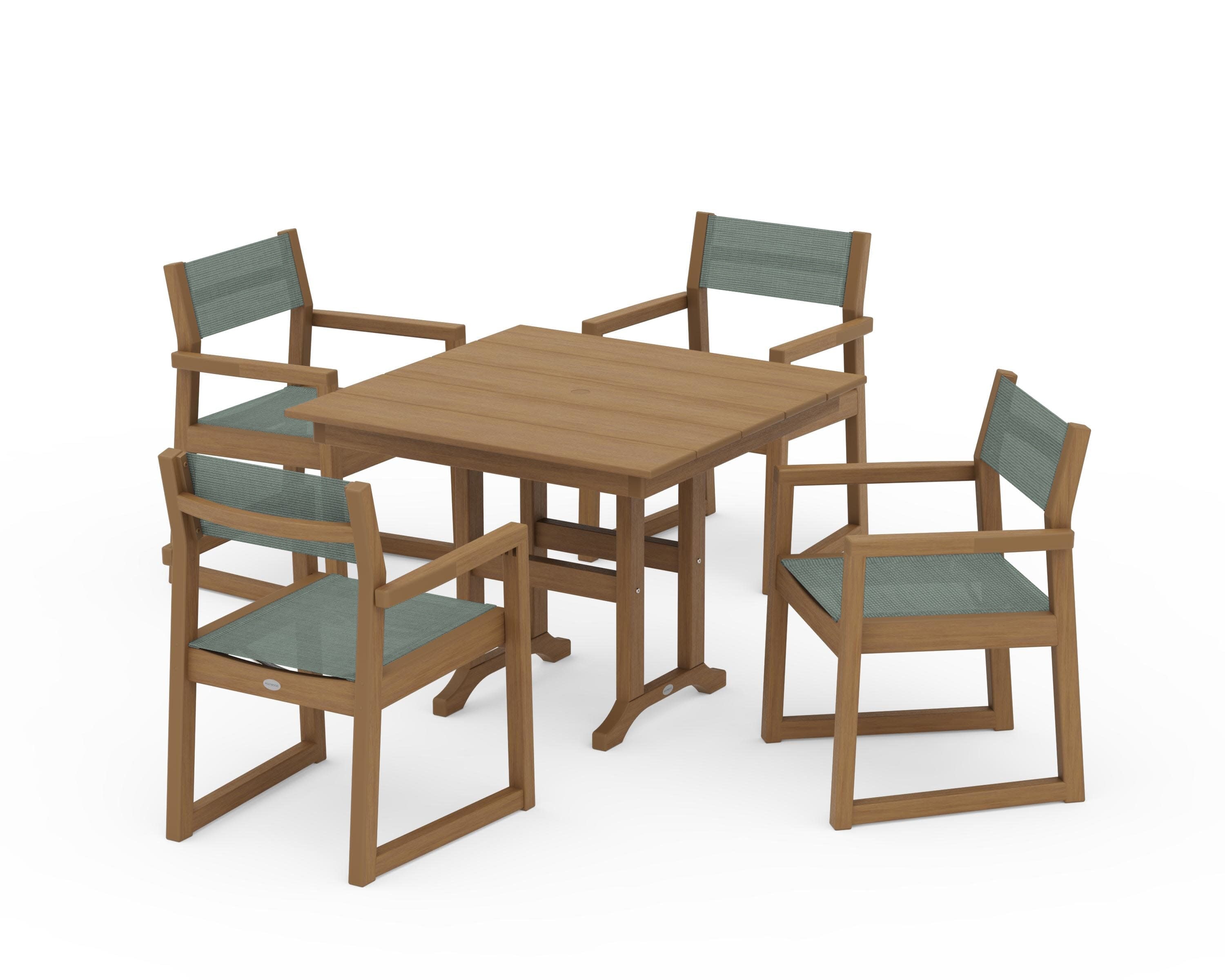 EDGE Sling Arm Chair 5-Piece Farmhouse Dining Set in Natural / Dupioni Sea Mist Sling