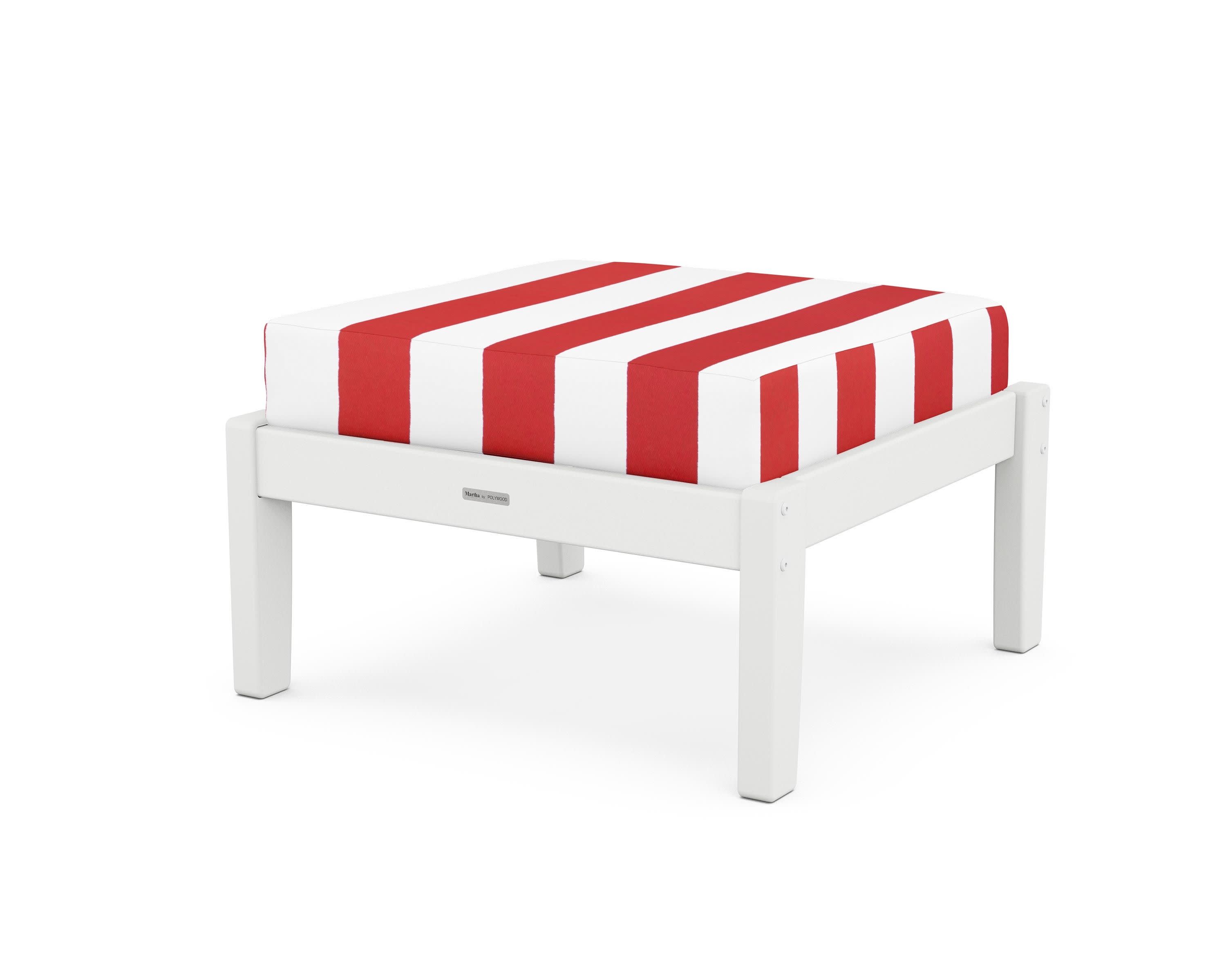 Chinoiserie Deep Seating Ottoman in White / Cabana Stripe Crimson