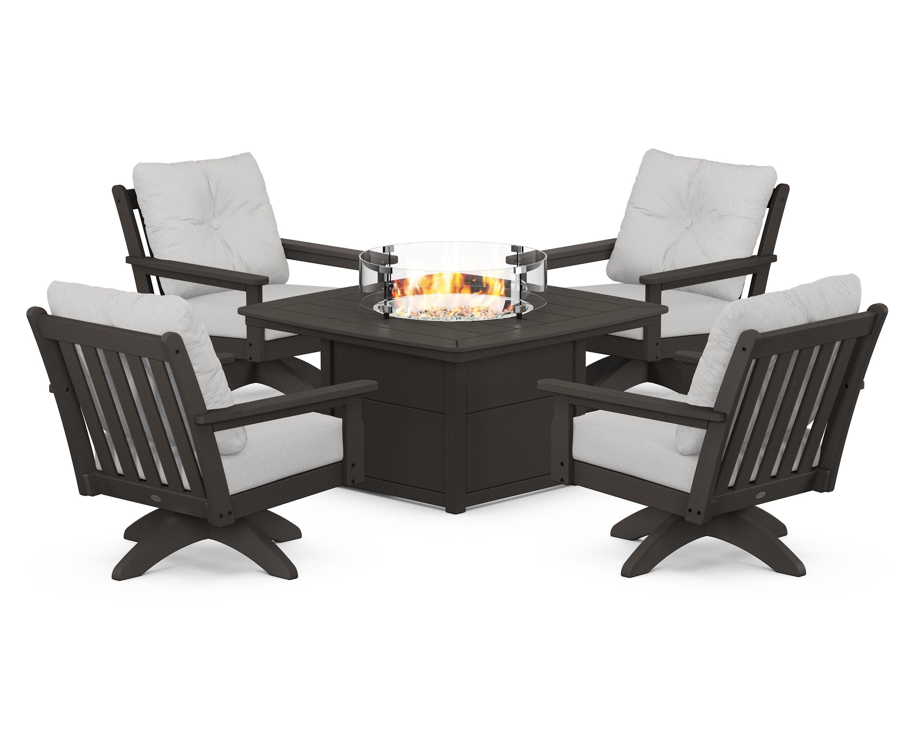 Vineyard 5-Piece Deep Seating Swivel Conversation Set with Fire Pit Table in Vintage Coffee / Diamond in the Rough