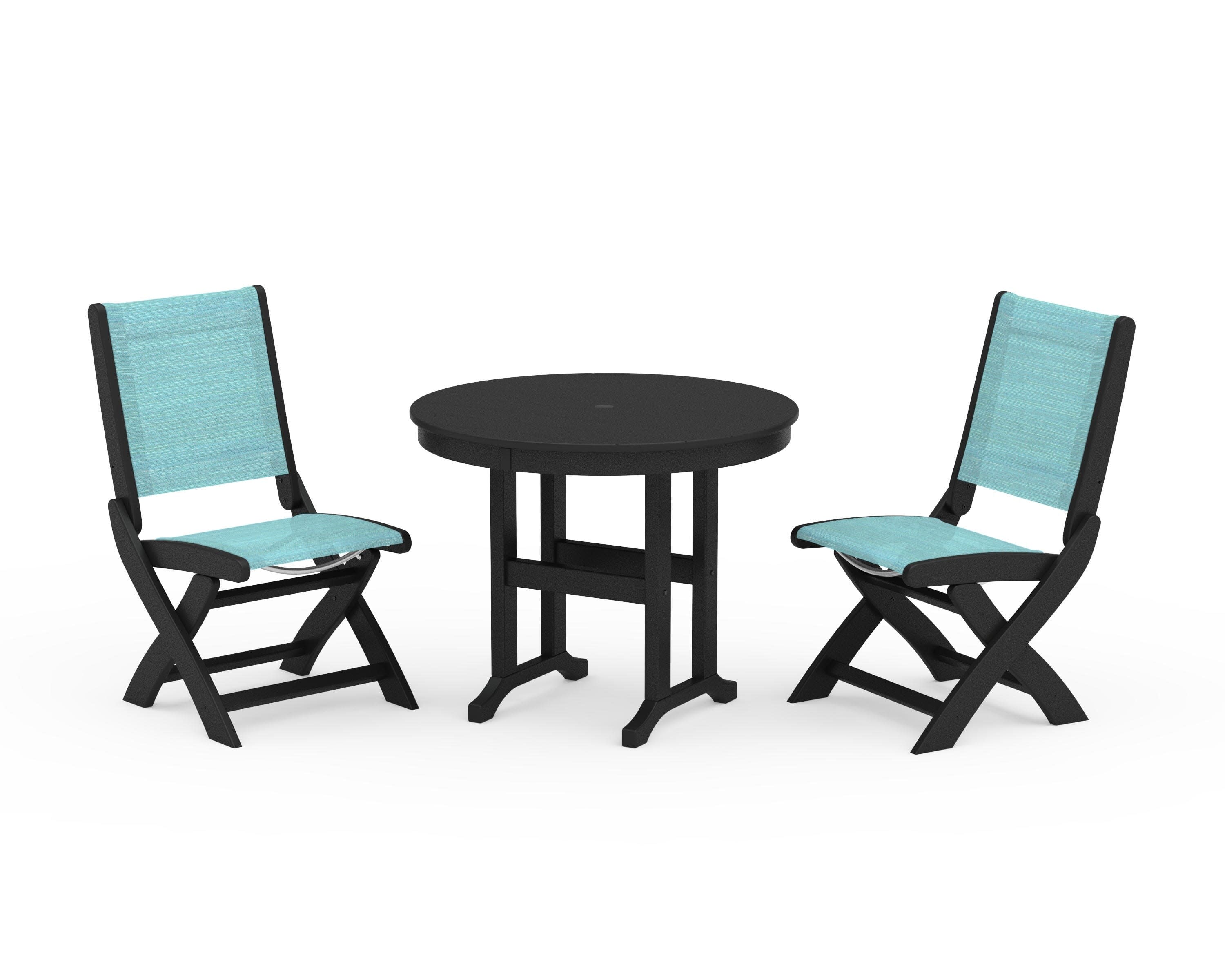 Coastal Folding Side Chair 3-Piece Round Dining Set in Black / Dupioni Aquamarine Sling