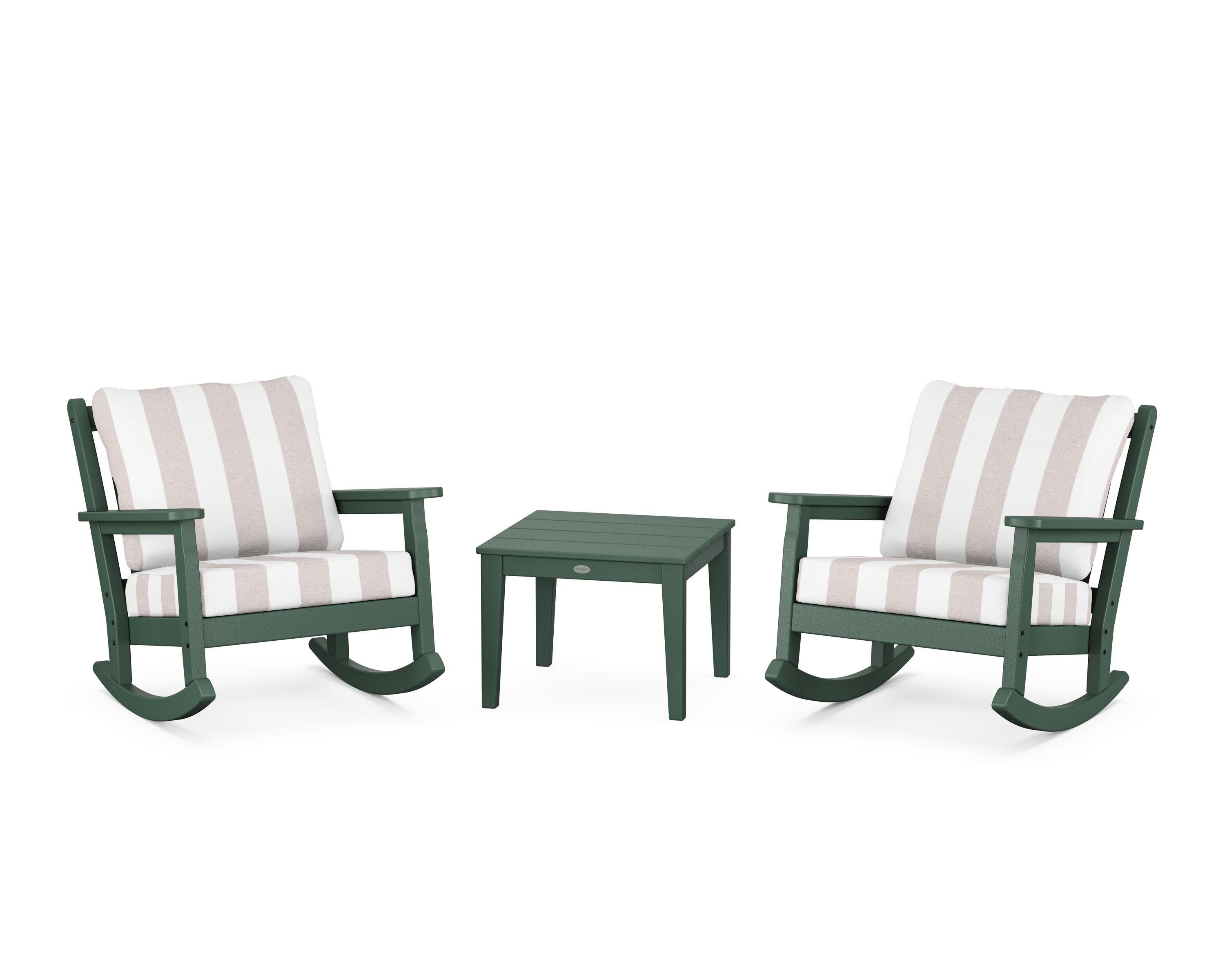 Chippendale 3-Piece Deep Seating Rocker Set in Green / Cabana Stripe Dune Burlap