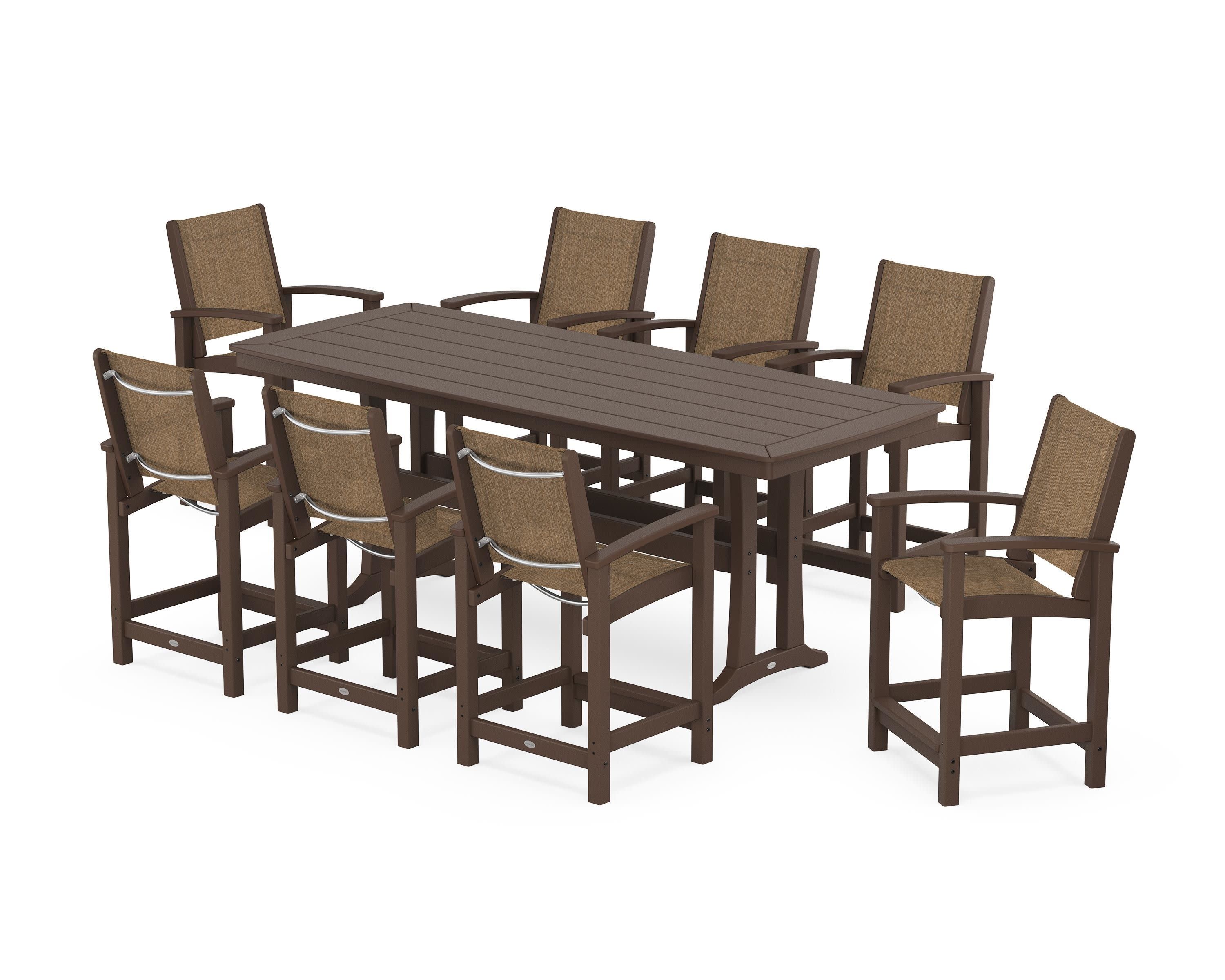 Coastal 9-Piece Counter Set with Trestle Legs in Mahogany / Burlap Sling