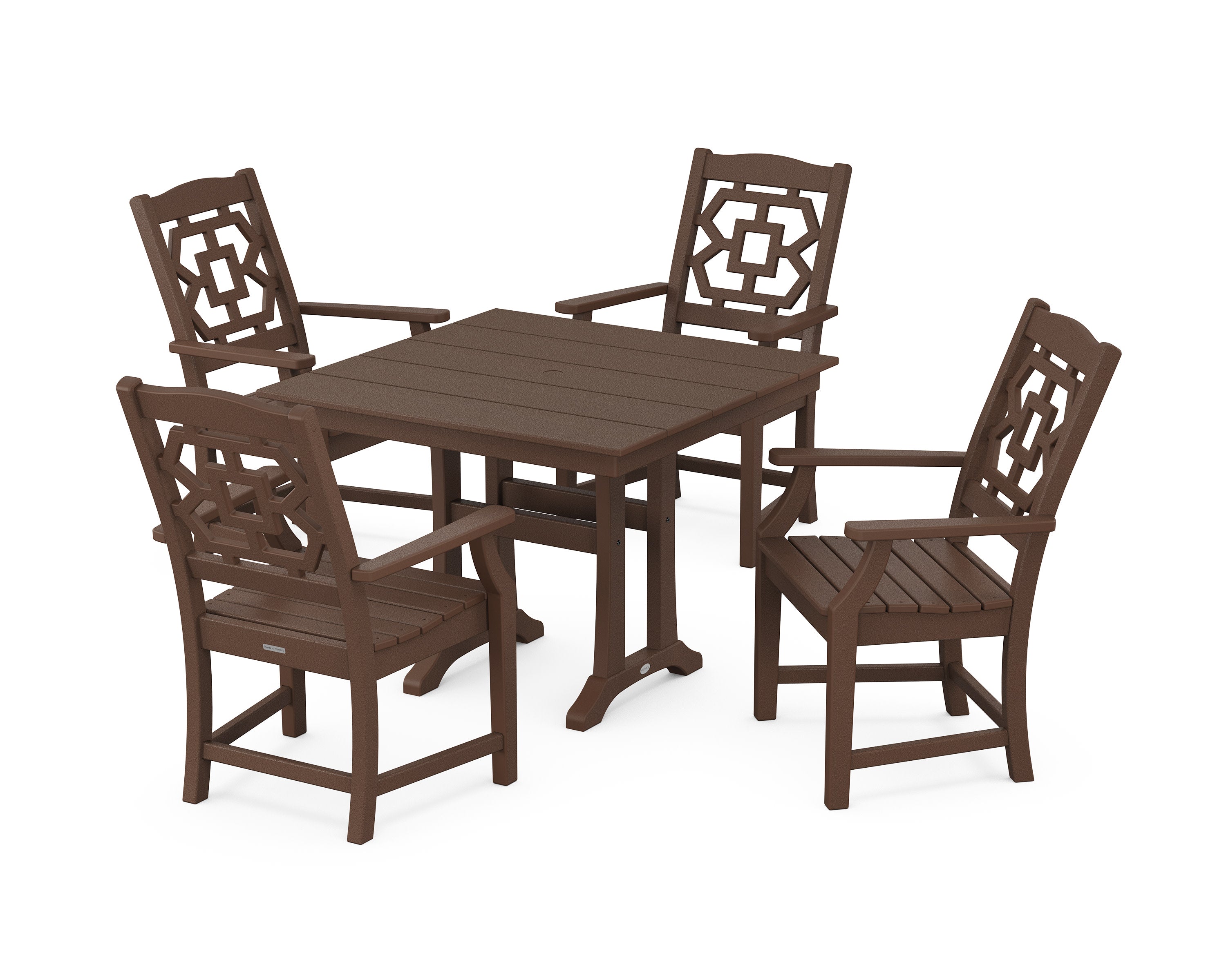 Chinoiserie 5-Piece Farmhouse Dining Set with Trestle Legs in Mahogany