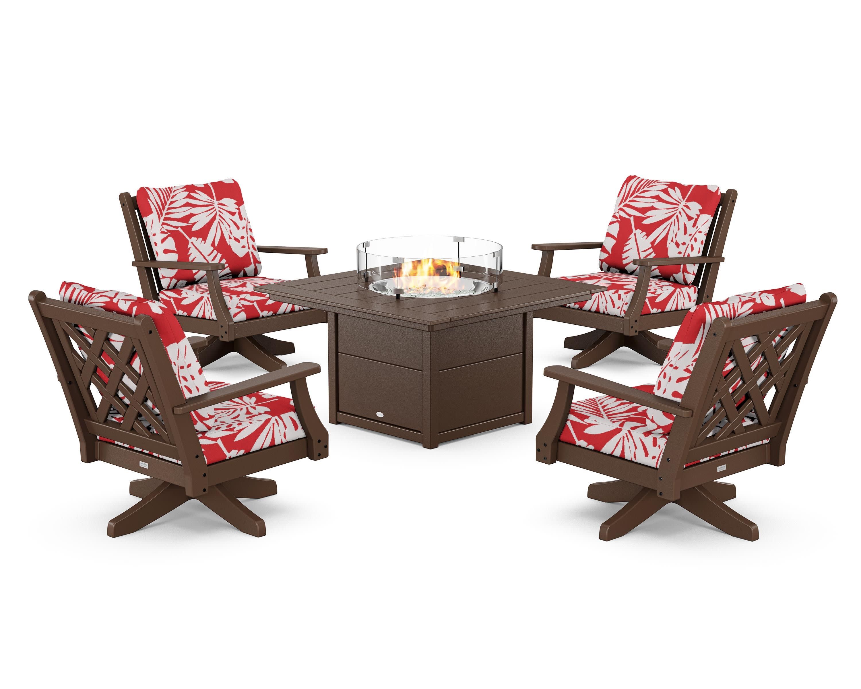 Wovendale 5-Piece Deep Seating Swivel Conversation Set with Fire Pit Table in Mahogany / Leaf Crimson