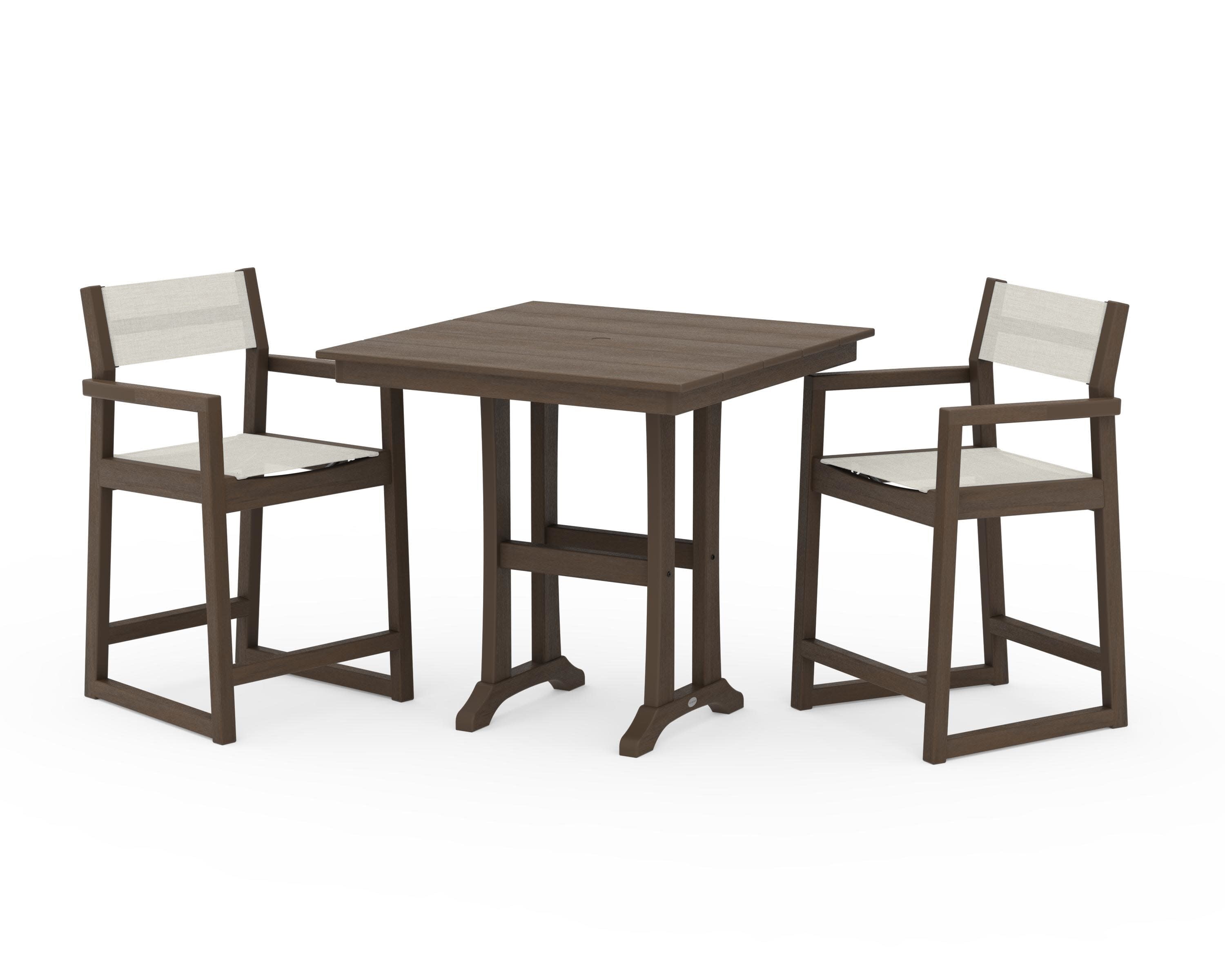 EDGE Sling Arm Chair 3-Piece Farmhouse Counter Set with Trestle Legs in Kona / Parchment Sling