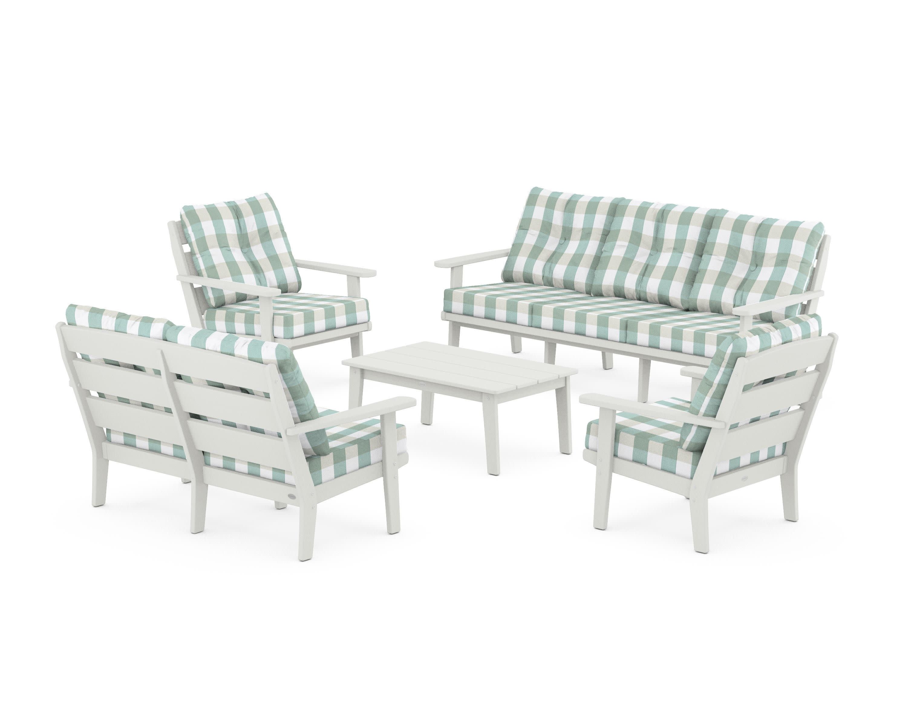 Lakeside 5-Piece Lounge Sofa Set in Vintage White / Buffalo Plaid Glacier Spa